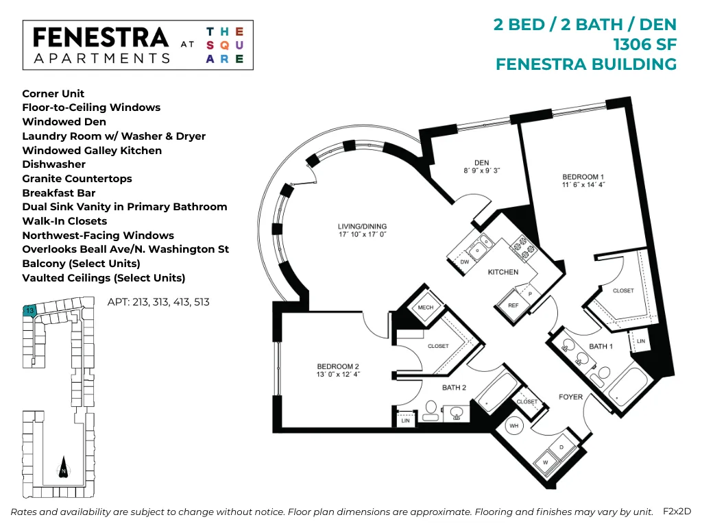 1306 SF 2 bedroom, 2 bathroom with den apartment