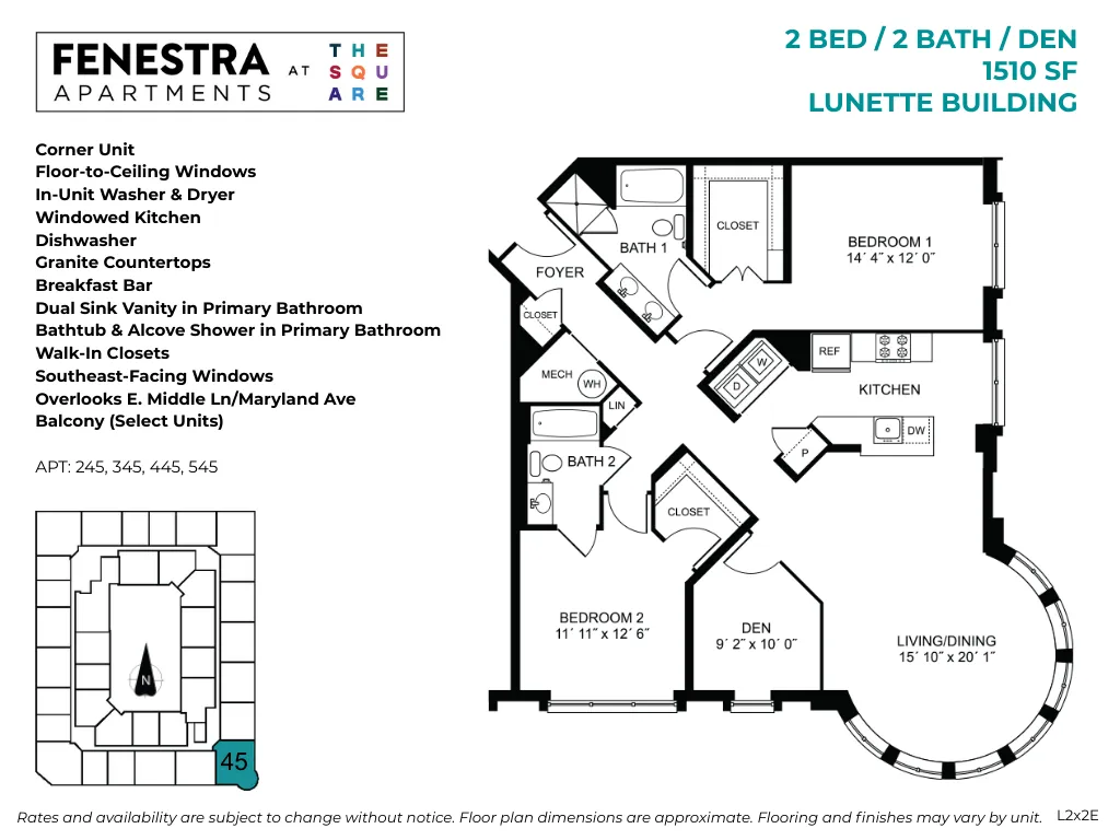 1510 SF 2 bedroom, 2 bathroom apartment with den