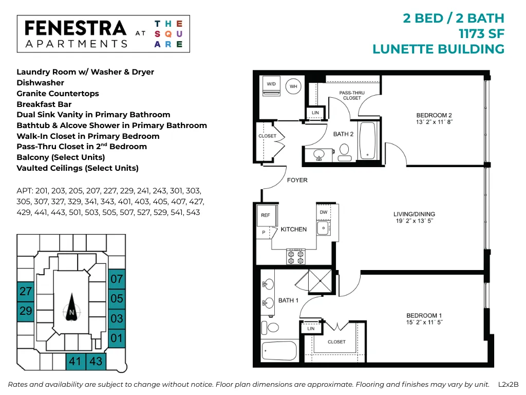 1172 SF 2 bedroom, 2 bathroom apartment