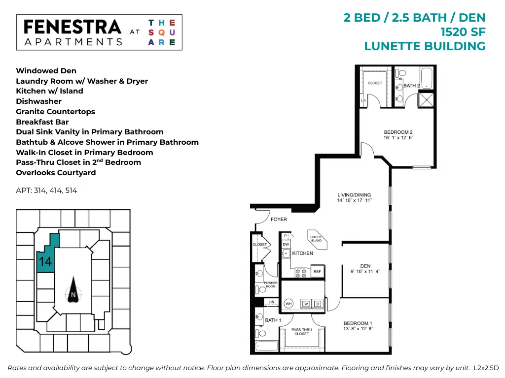 1520 SF 2 bedroom, 2.5 bedroom apartment with den
