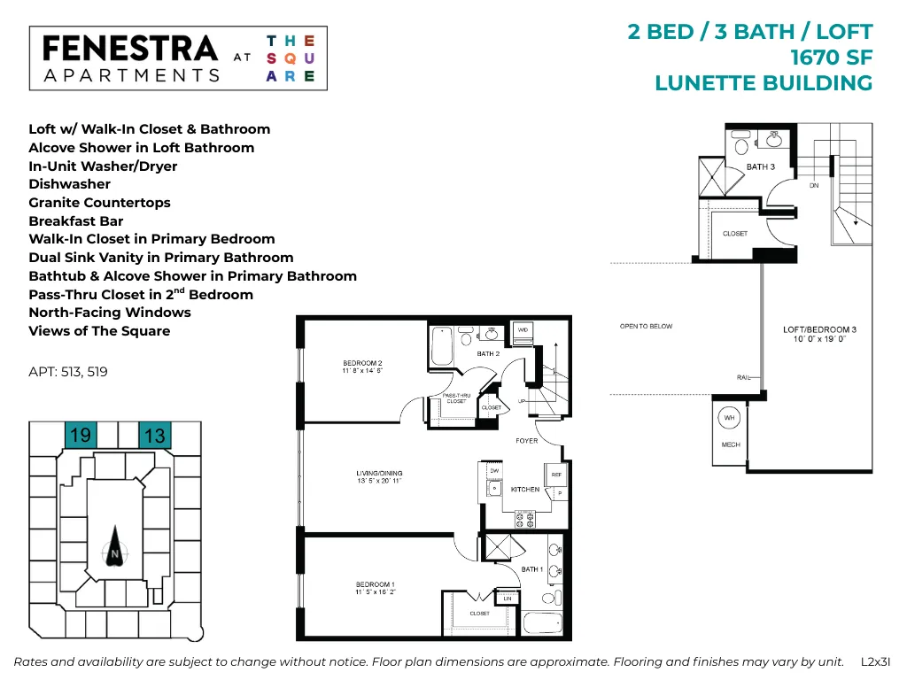 1670 SF 2 bedroom, 3 bathroom loft apartment