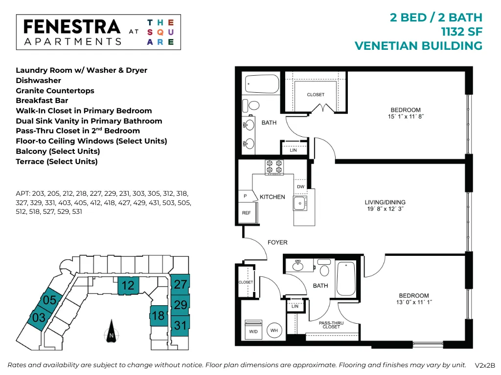 1132 SF 2 bedroom, 2 bathroom apartment