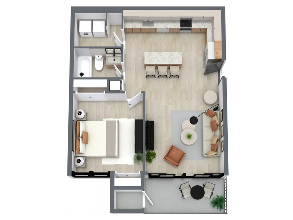 Chic open-concept floor plan featuring a cozy bedroom, modern kitchen with island seating, and inviting living area leading to a balcony.