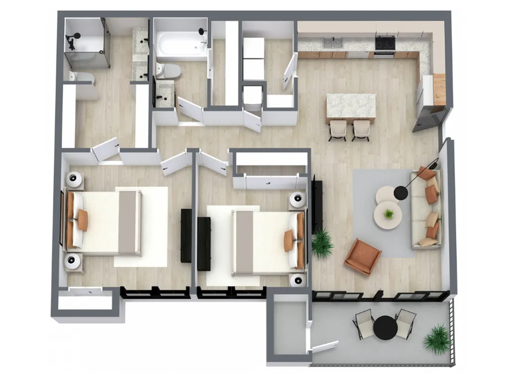 Chic apartment floor plan showcasing 2 cozy bedrooms, a modern open kitchen, spacious living area, and an inviting balcony.
