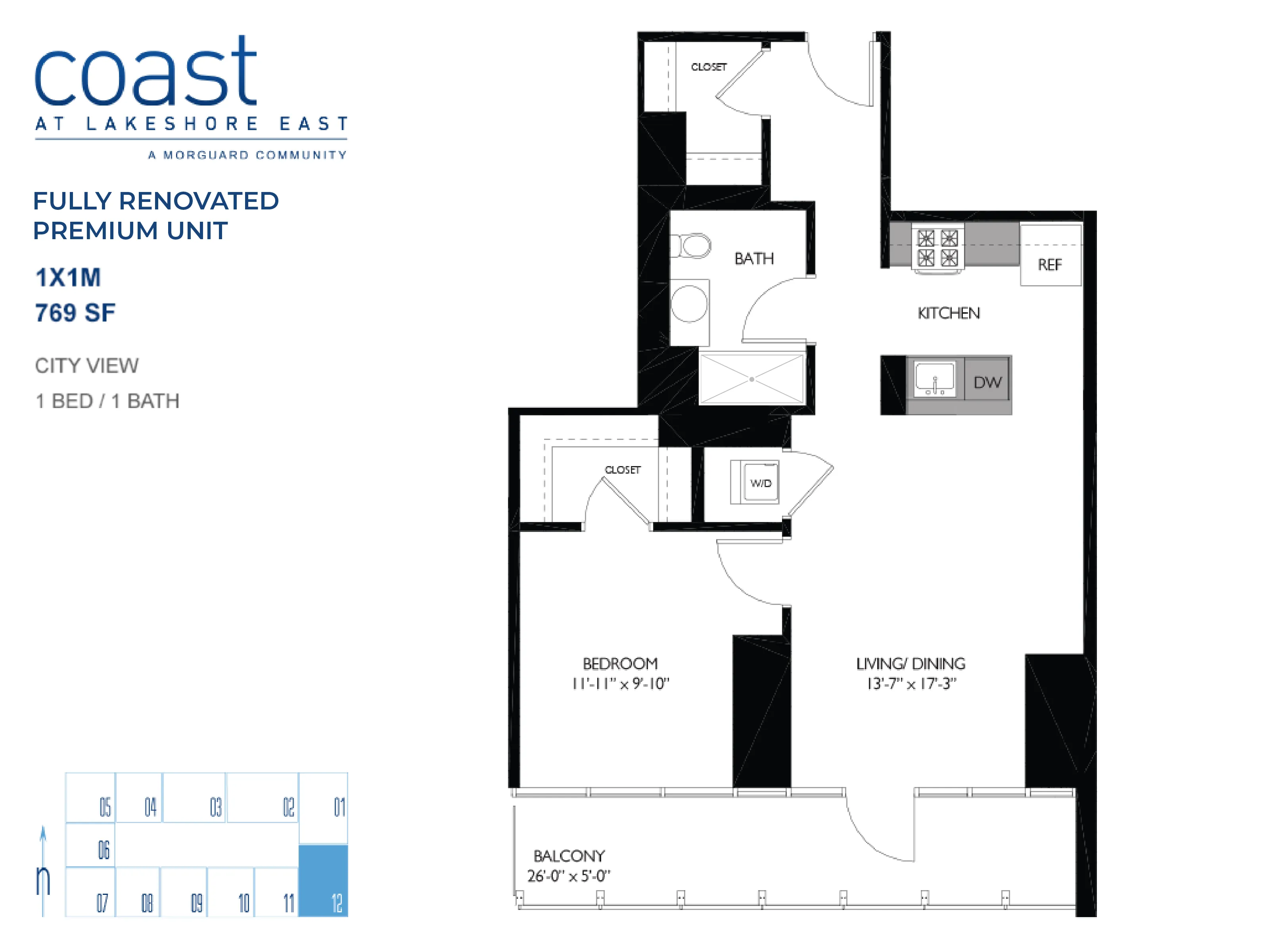 Elegant floor plan of a fully renovated premium unit at Coast at Lakeshore East, featuring 1 bedroom, 1 bath, and open living/dining area. Includes a modern kitchen and spacious balcony with city view, totaling 769 sq ft.