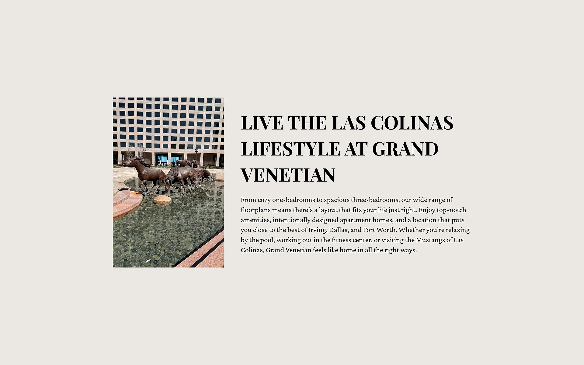 Experience the vibrant Las Colinas lifestyle at Grand Venetian, where elegant bronze horse sculptures complement luxurious apartment living near Dallas. Perfectly situated for relaxation and adventure.