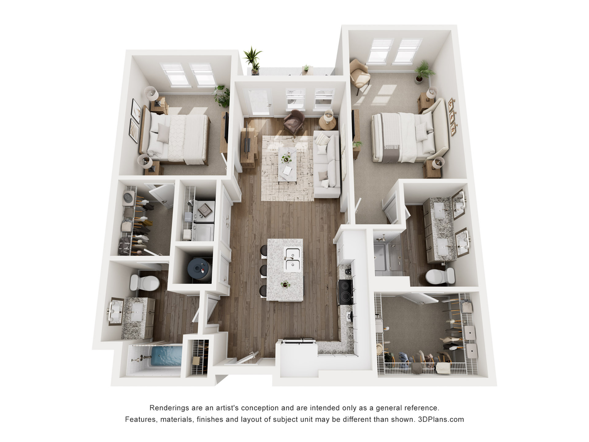 Stylish 3D floor plan featuring two bedrooms, a cozy living room, and an open kitchen layout.