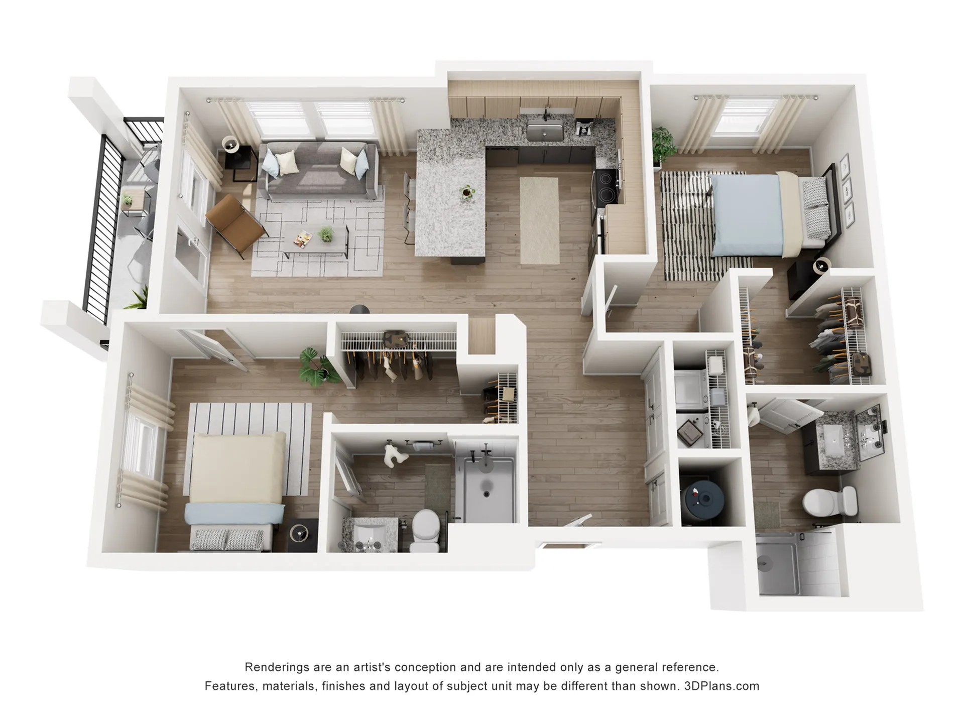 Modern 3D floor plan showcasing two spacious bedrooms, open-concept living room, sleek kitchen with island, stylish balcony, and two elegant bathrooms.