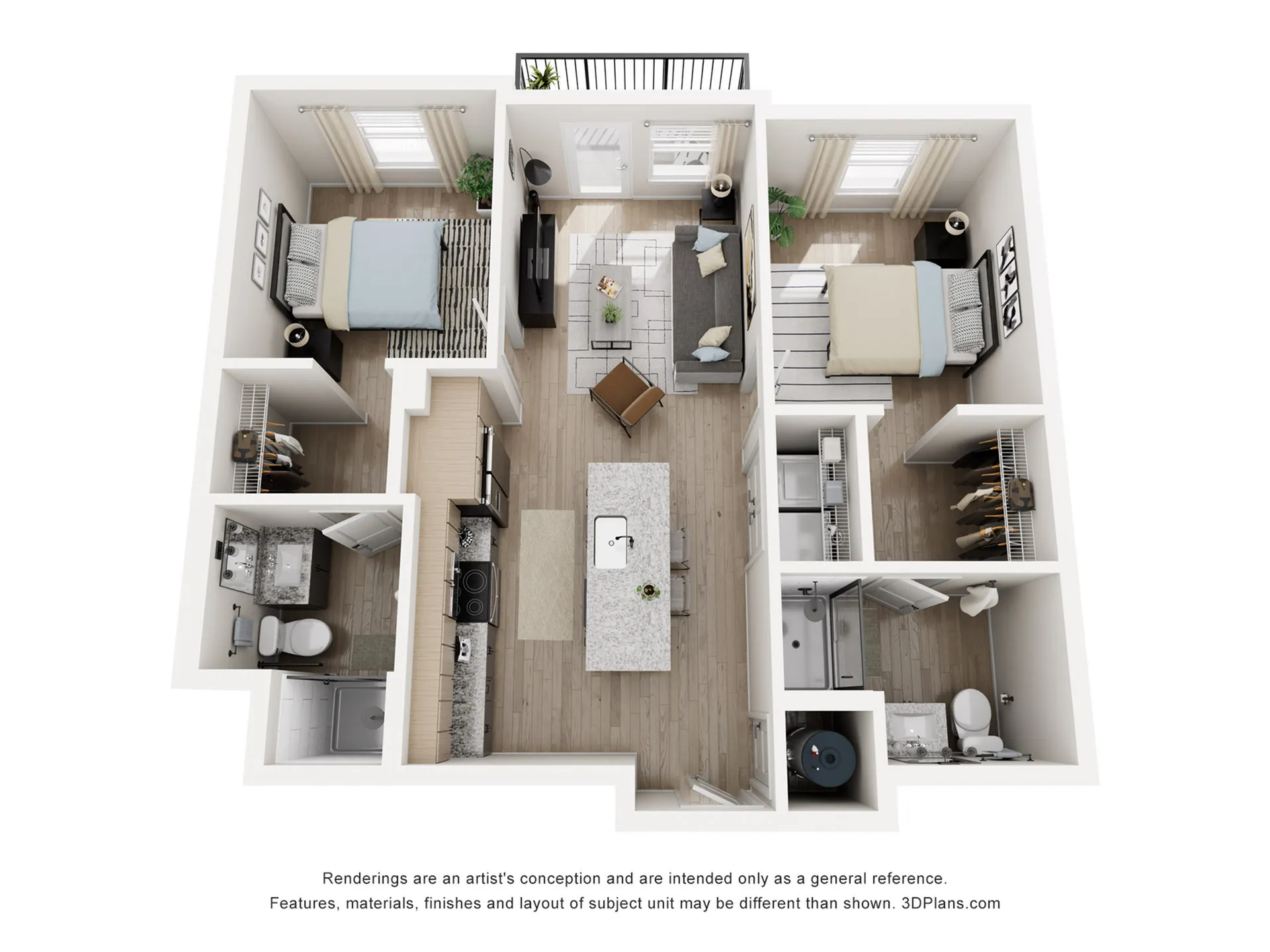 Modern 3D floor plan featuring two bedrooms, an open living area, and a stylish kitchen with a central island.