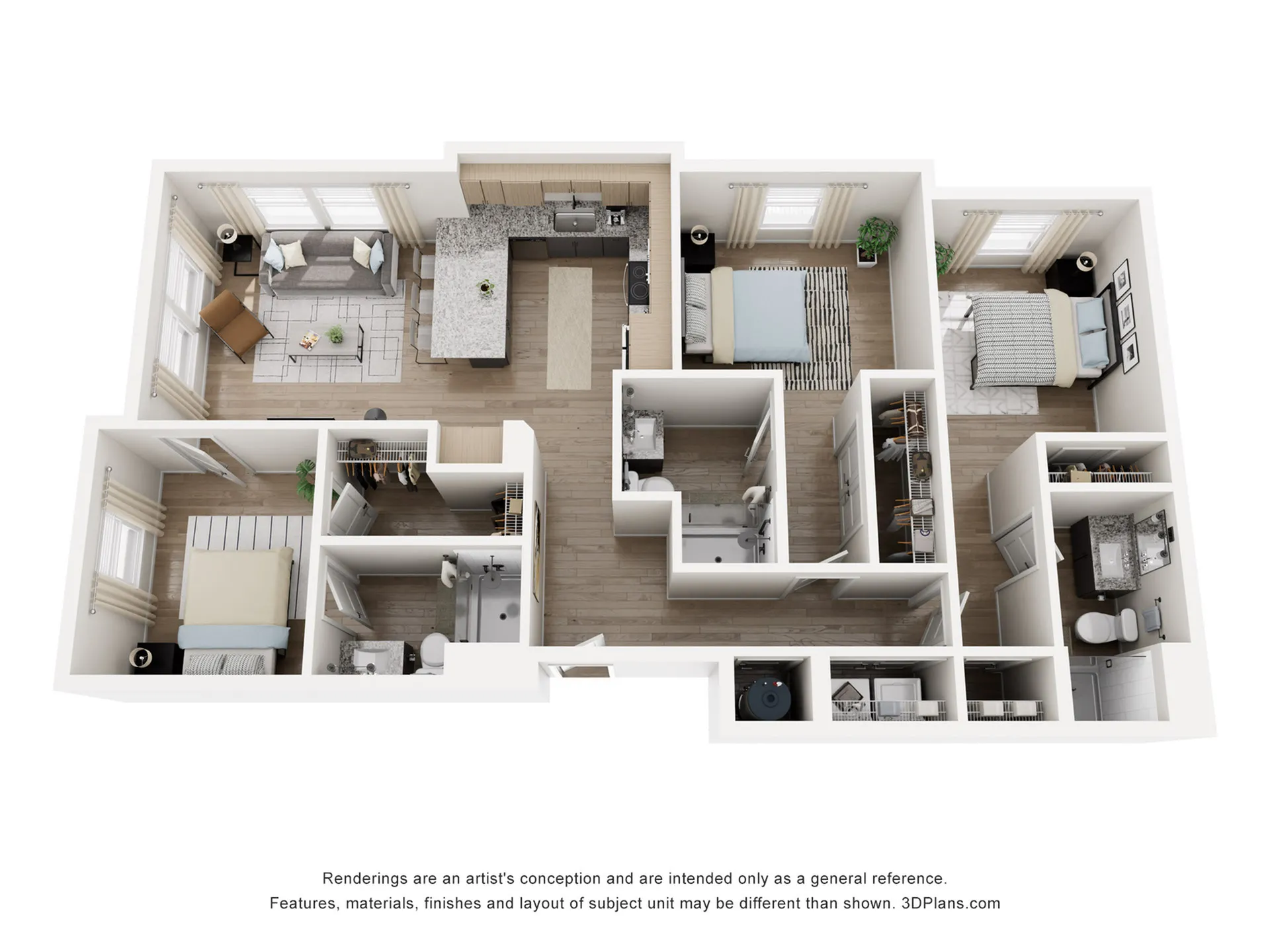 Modern 3D floor plan showcasing 3 bedrooms, a stylish open kitchen, and a cozy living room with natural light.