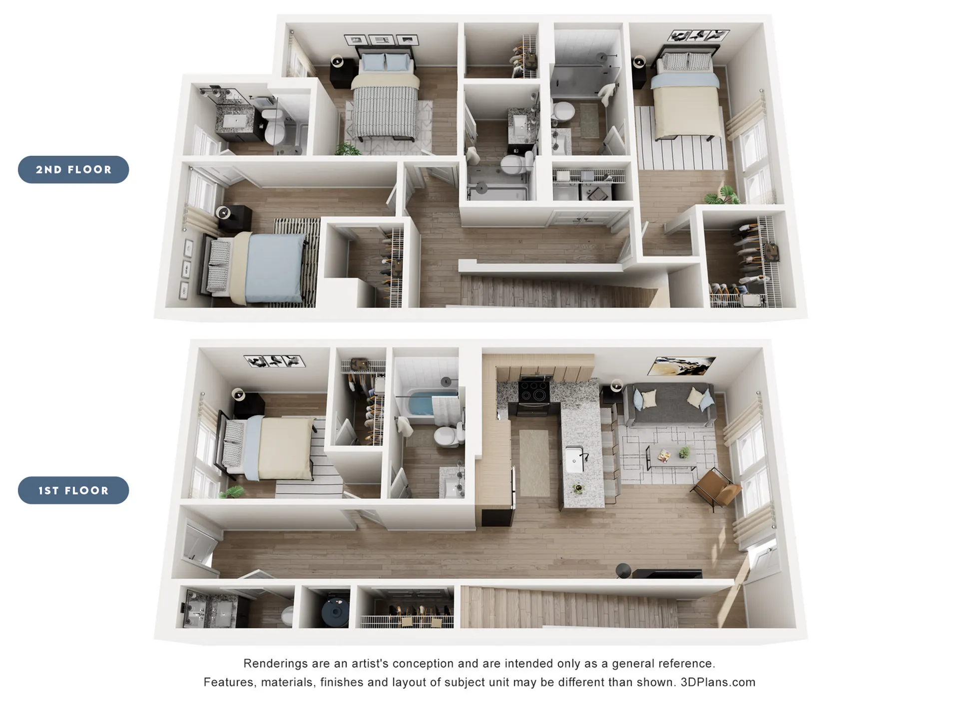 Modern two-level apartment floor plan featuring three spacious bedrooms, an open-concept kitchen with a stylish living area, chic bathrooms, and ample closet space, perfect for comfortable living.