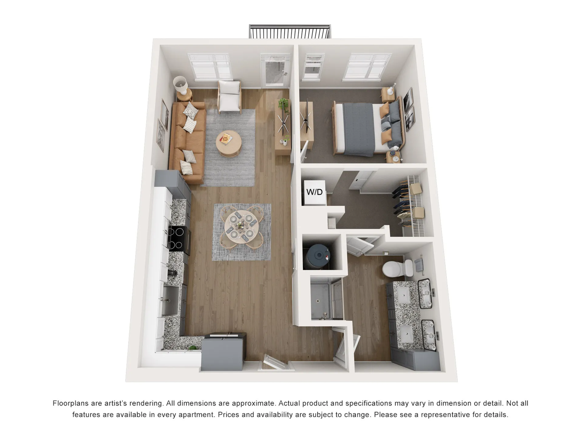 Modern 3D floor plan featuring a spacious 1 bedroom apartment with an elegant open-concept living area and a stylish kitchen.