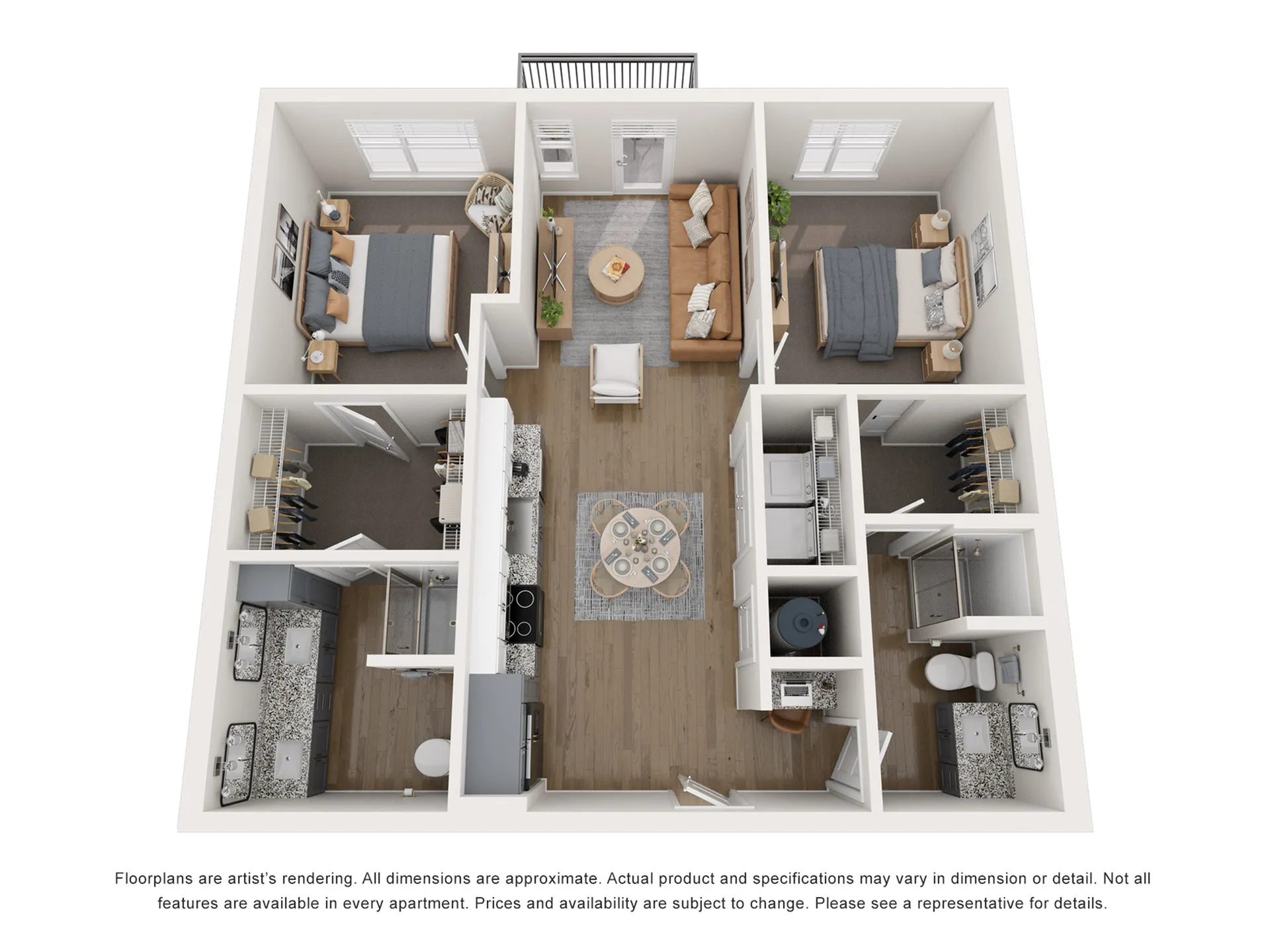 Modern 3D floor plan showcasing two spacious bedrooms, a cozy open-concept living area, and a sleek kitchen, perfect for stylish city living.