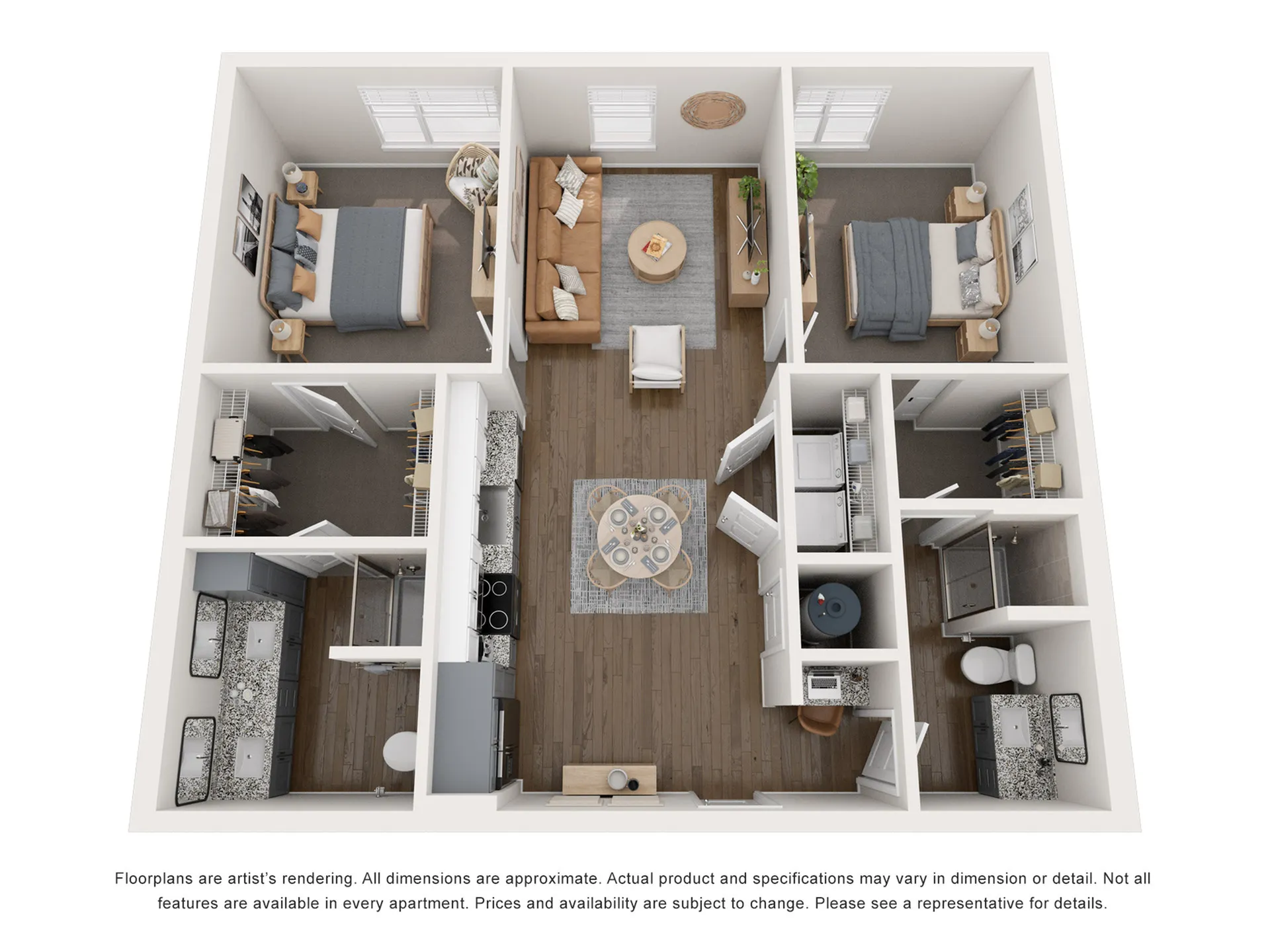 Modern 3D floor plan showing 2 bedrooms, a cozy living room, stylish kitchen, and 2 elegant bathrooms, designed for optimal comfort and functionality.