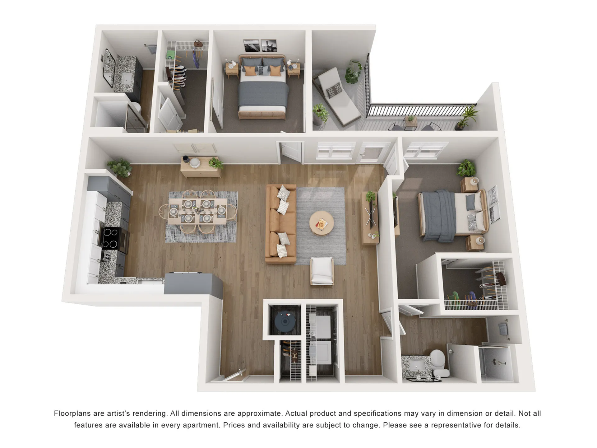 Bright 3D floor plan showcasing 2 bedrooms, a cozy living room, modern kitchen, and private balcony, ideal for stylish urban living.