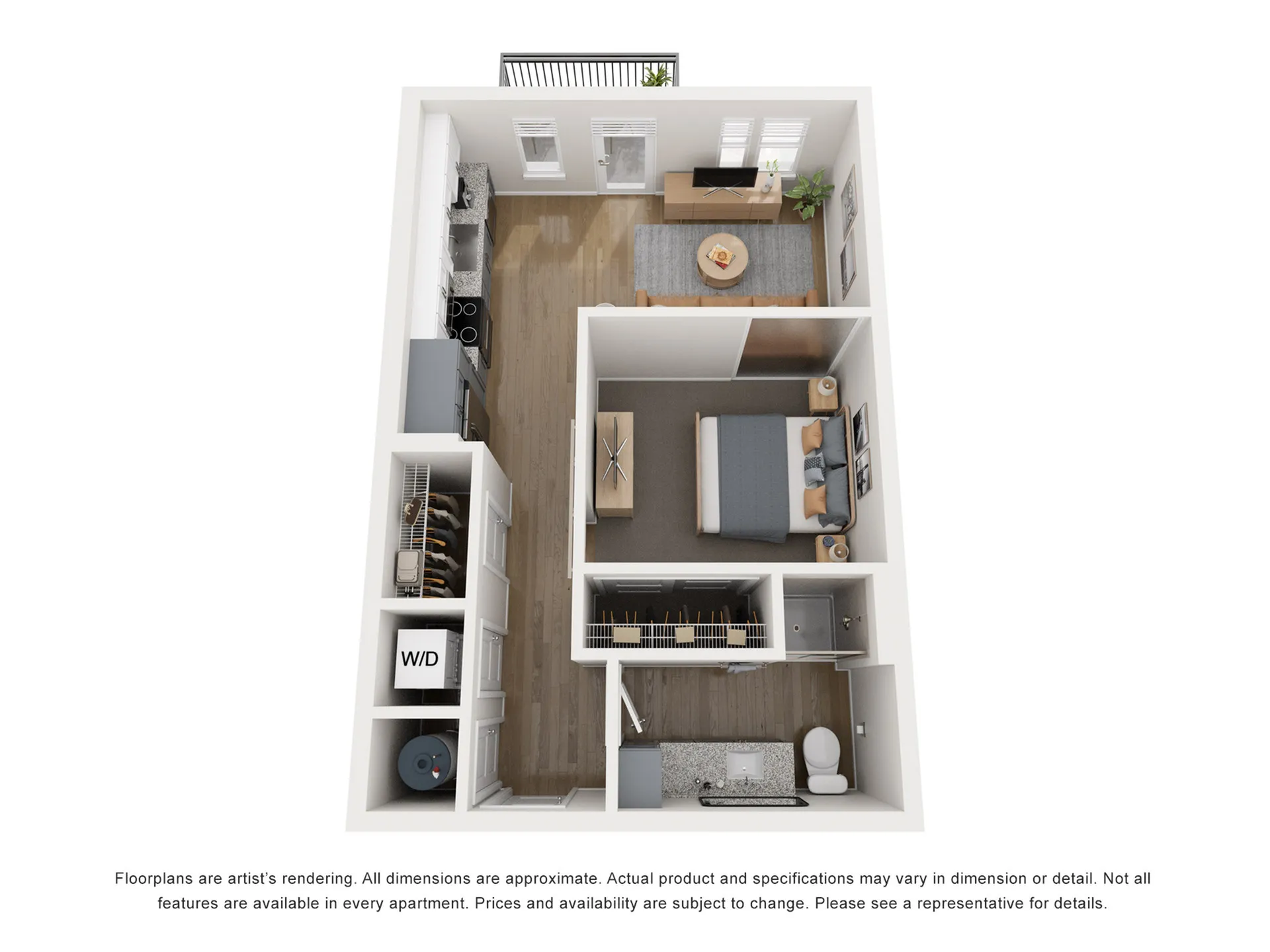 Modern 3D floor plan featuring one-bedroom, open living area, sleek kitchen, and compact bathroom with washer/dryer.