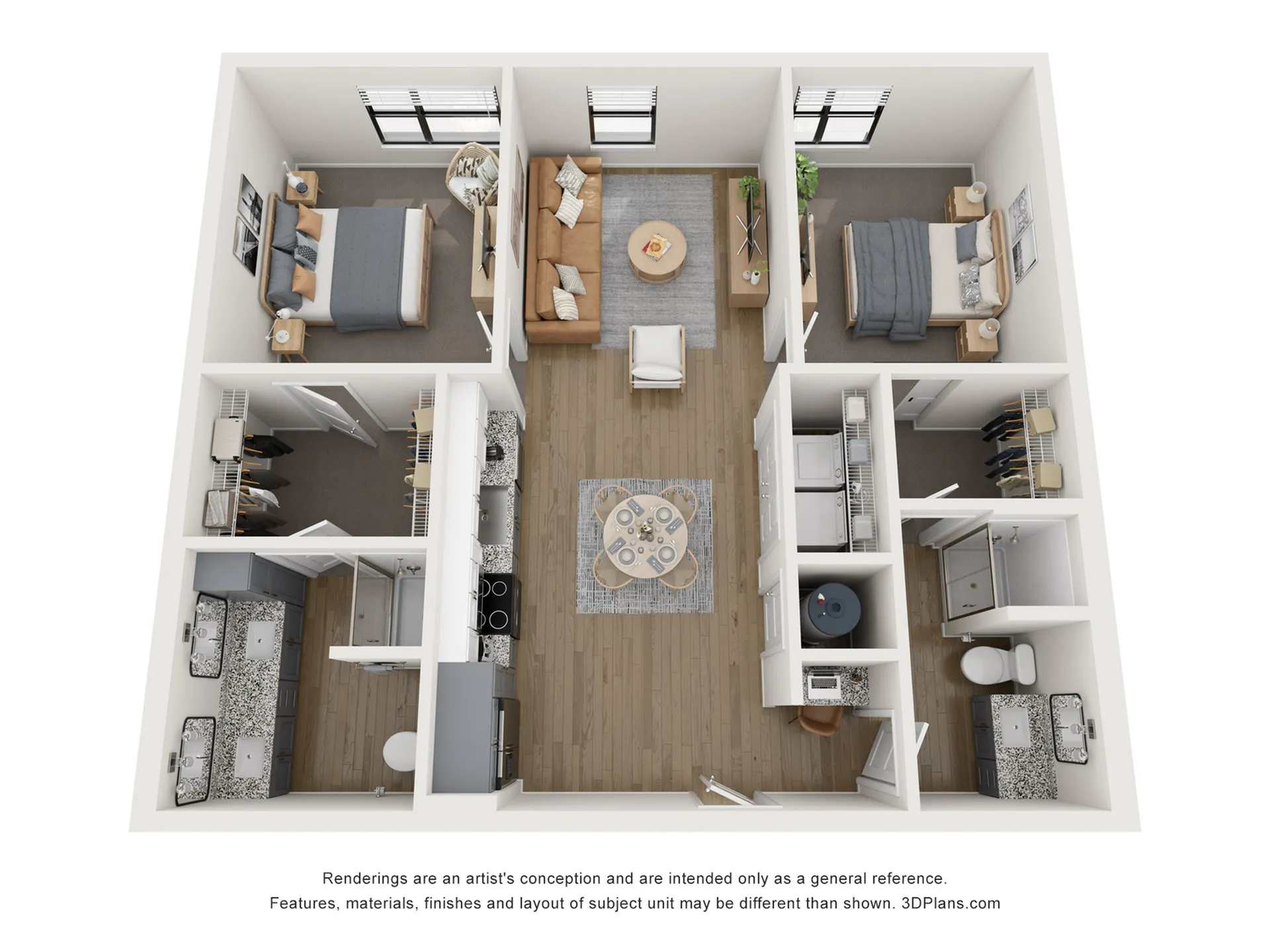 Modern 3D floor plan showcasing 2 bedrooms, a cozy living room, and a sleek kitchen, perfect for stylish urban living.