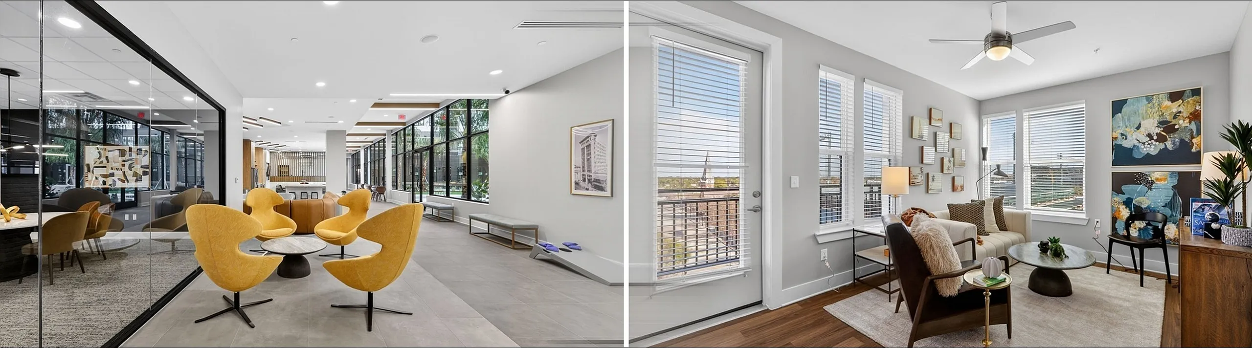 Elegant apartment interior showcasing a modern lounge with stylish yellow chairs, spacious windows offering abundant natural light, and a cozy living room with scenic city views.