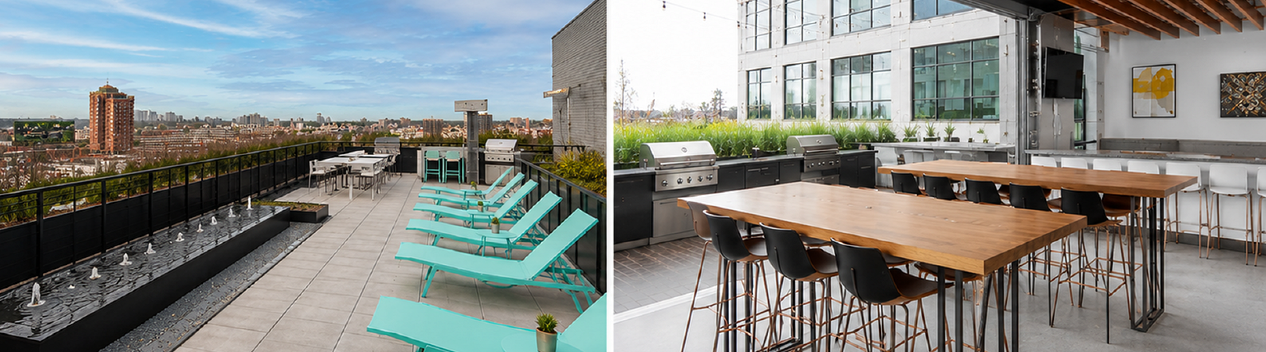 Luxurious rooftop terrace boasting scenic city views, stylish turquoise lounge chairs, and modern outdoor dining area with BBQ grills.