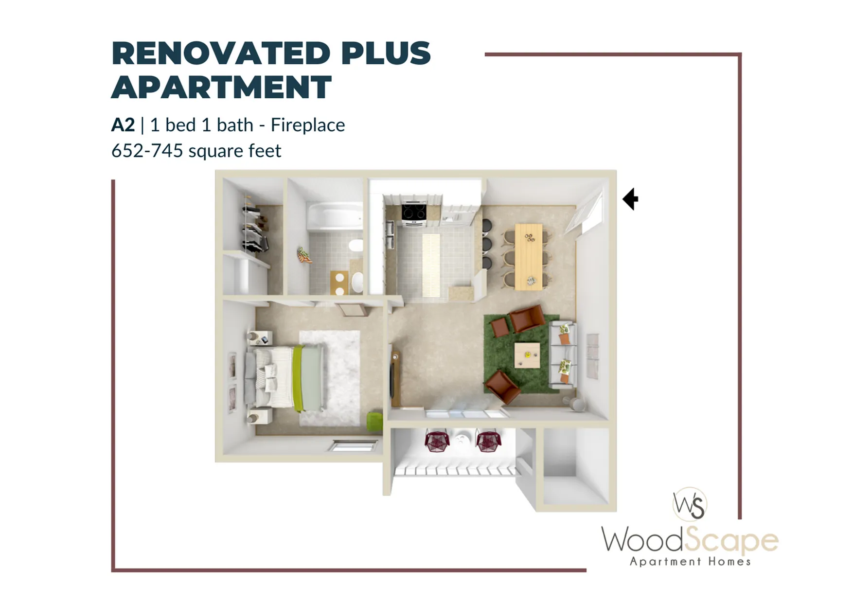 A2 (Fireplace) Renovated Plus | 1 Bed Apartment | Woodscape Apartments