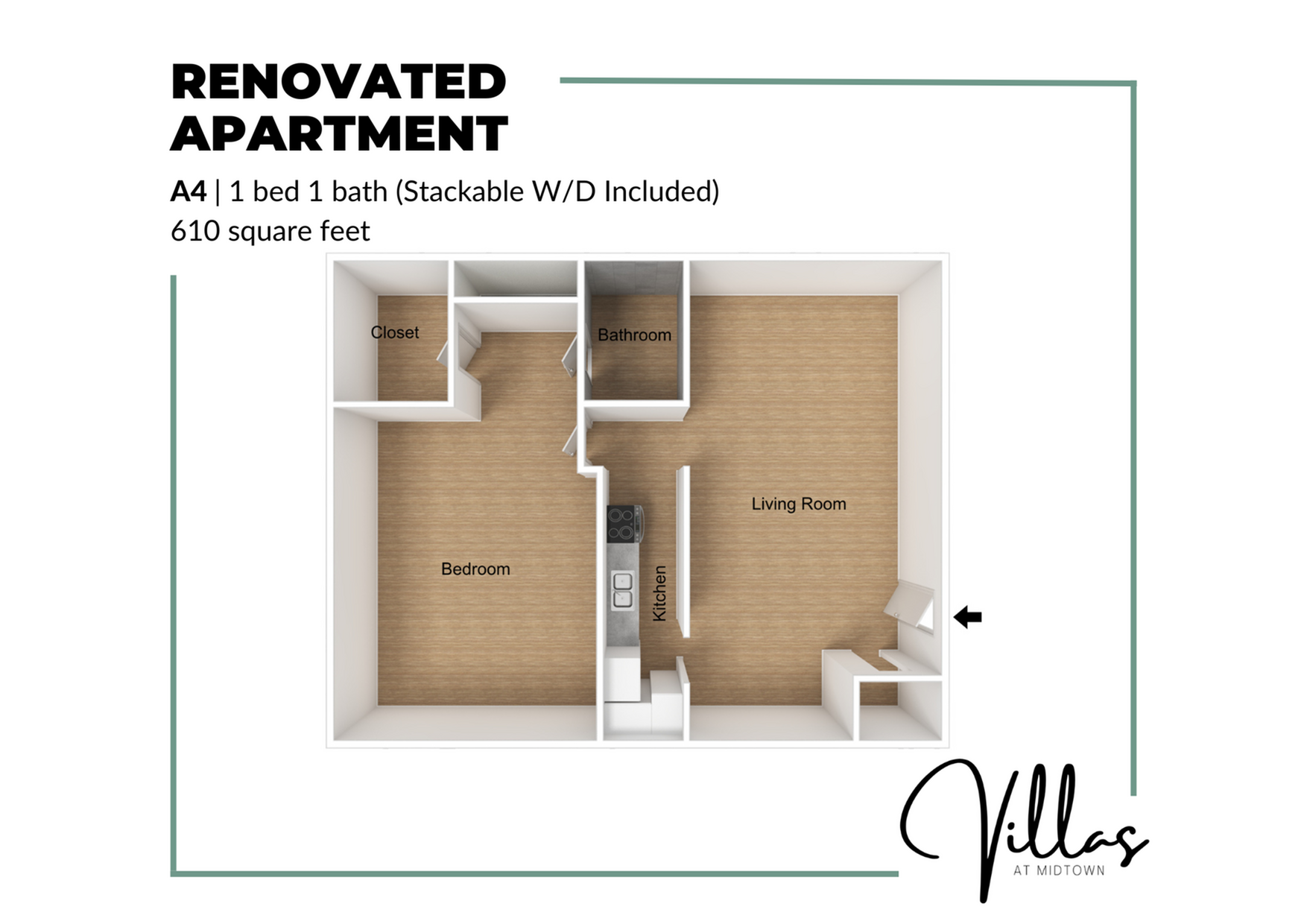 Chic renovated A4 apartment floor plan showcasing 1 bedroom, 1 bathroom, modern kitchen, and inviting living room. Includes stackable washer/dryer in 610 square feet. Villas at Midtown.