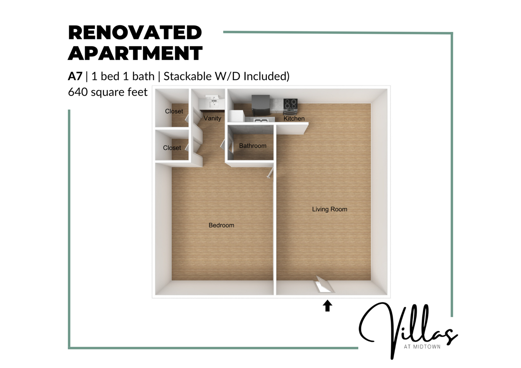 Modern 3D floor plan showcasing a renovated 1 bed 1 bath apartment with a spacious living area, kitchen, and ample closet space; includes stackable washer and dryer, all within 640 square feet at Villas at Midtown.