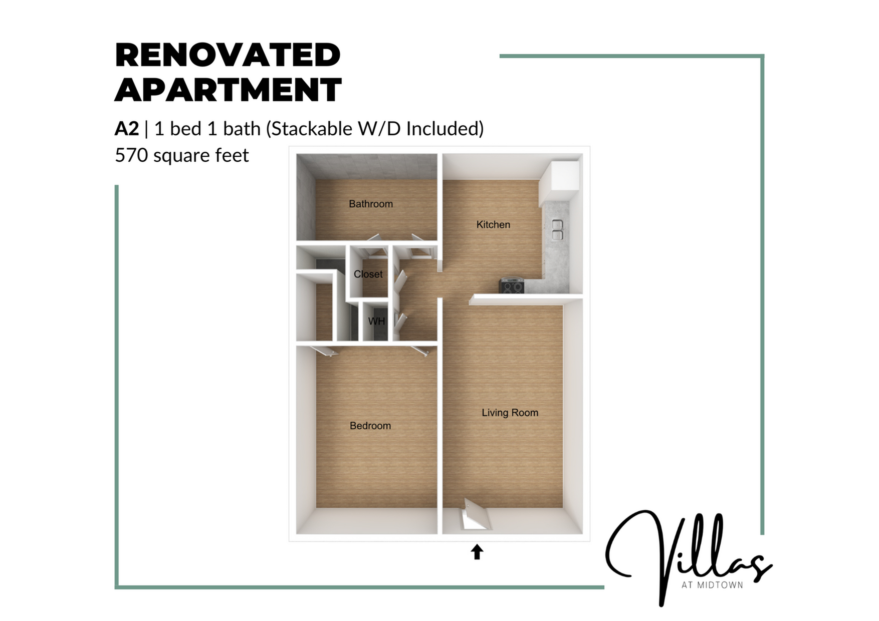 Chic A2 floor plan featuring 1 bedroom, 1 bath with stackable W/D, open kitchen, and spacious living room, totaling 570 sq ft at Villas at Midtown.