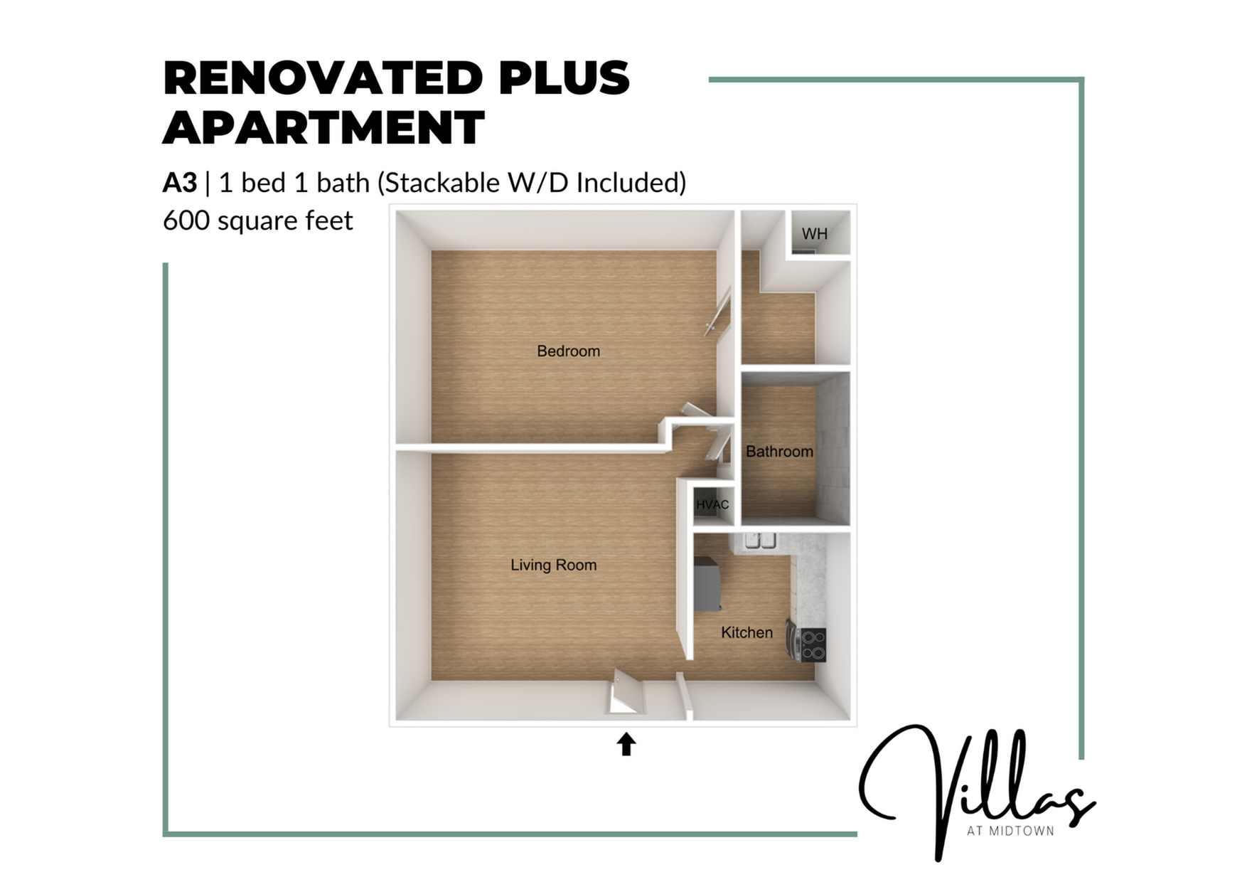 Modern 3D floor plan of a renovated plus apartment featuring 1 bedroom, 1 bathroom, and a cozy kitchen, spanning 600 square feet at Villas at Midtown.
