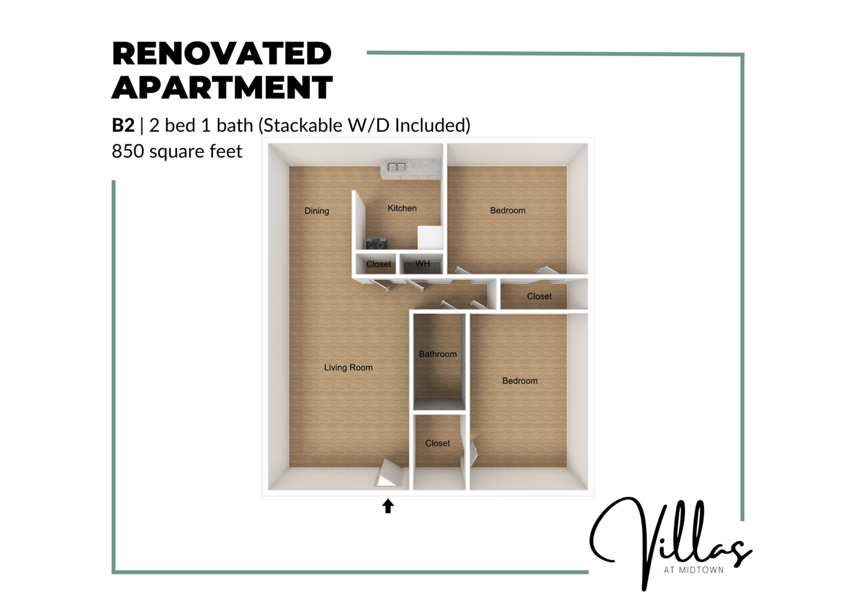 Renovated apartment floor plan at Villas at Midtown featuring 2 bedrooms, 1 bathroom, spacious living and dining areas, and a modern kitchen. Includes stackable washer/dryer in 850 square feet.