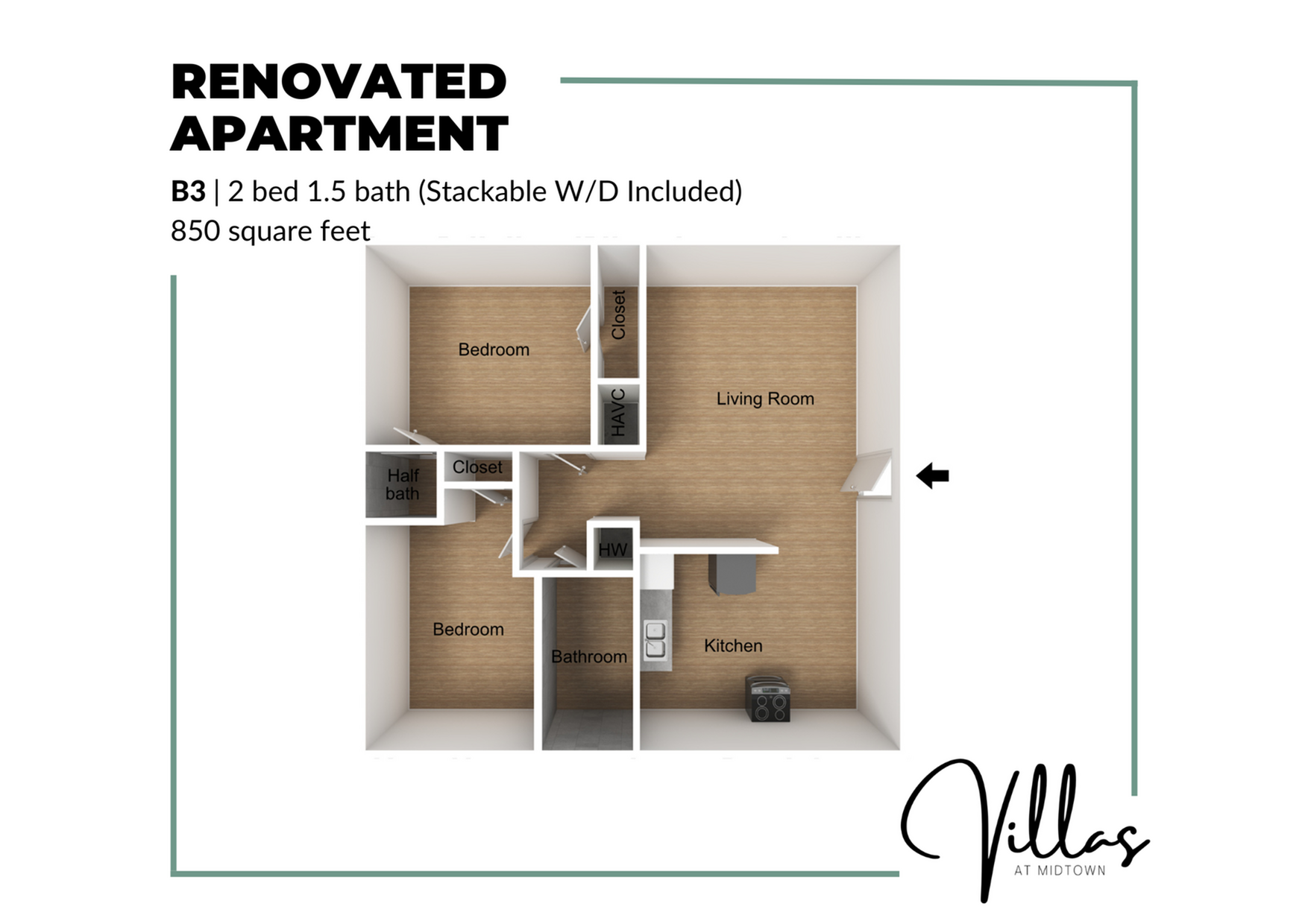 Modern floor plan of a renovated 2 bed, 1.5 bath apartment featuring an open kitchen, spacious living room, and convenient in-unit laundry, total 850 square feet.