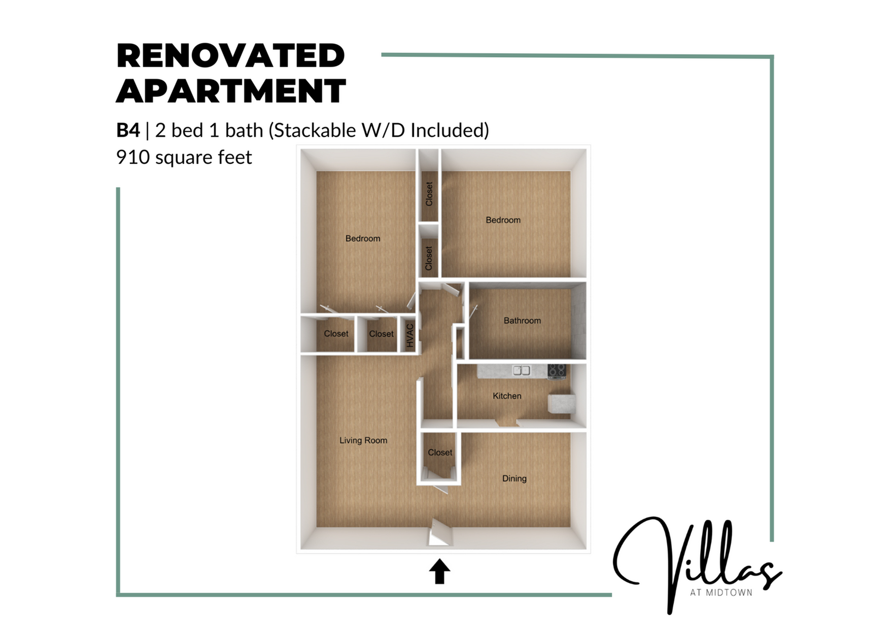 Contemporary floor plan of a renovated apartment featuring 2 bedrooms, 1 bath, spacious living and dining areas, and a modern kitchen. Encompassing 910 square feet, includes stackable washer/dryer.