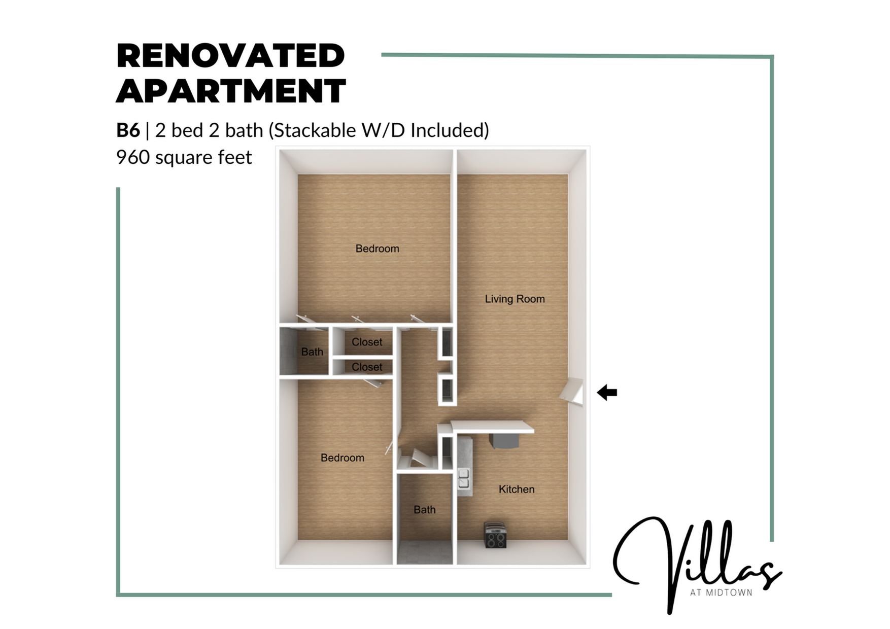 Renovated apartment floor plan B6 with 2 bedrooms, 2 baths, an open living room, and a kitchen. Stackable washer/dryer included, covering 960 sq ft at Villas at Midtown.