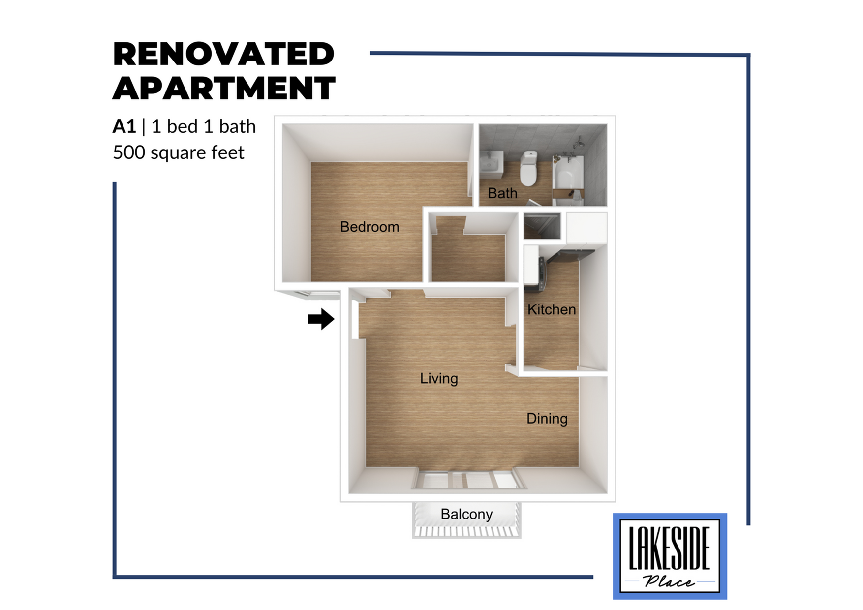 Modern 3D floor plan of a renovated apartment featuring 1 bedroom, 1 bath, and an open living-dining area with a kitchen and balcony, 500 square feet.