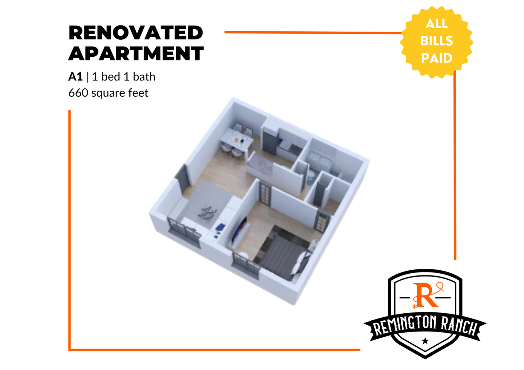 Stylish floor plan showcasing a renovated 1 bed, 1 bath apartment at 660 square feet with modern layout. Includes open living space, dining area, and cozy bedroom. All bills paid for convenience.