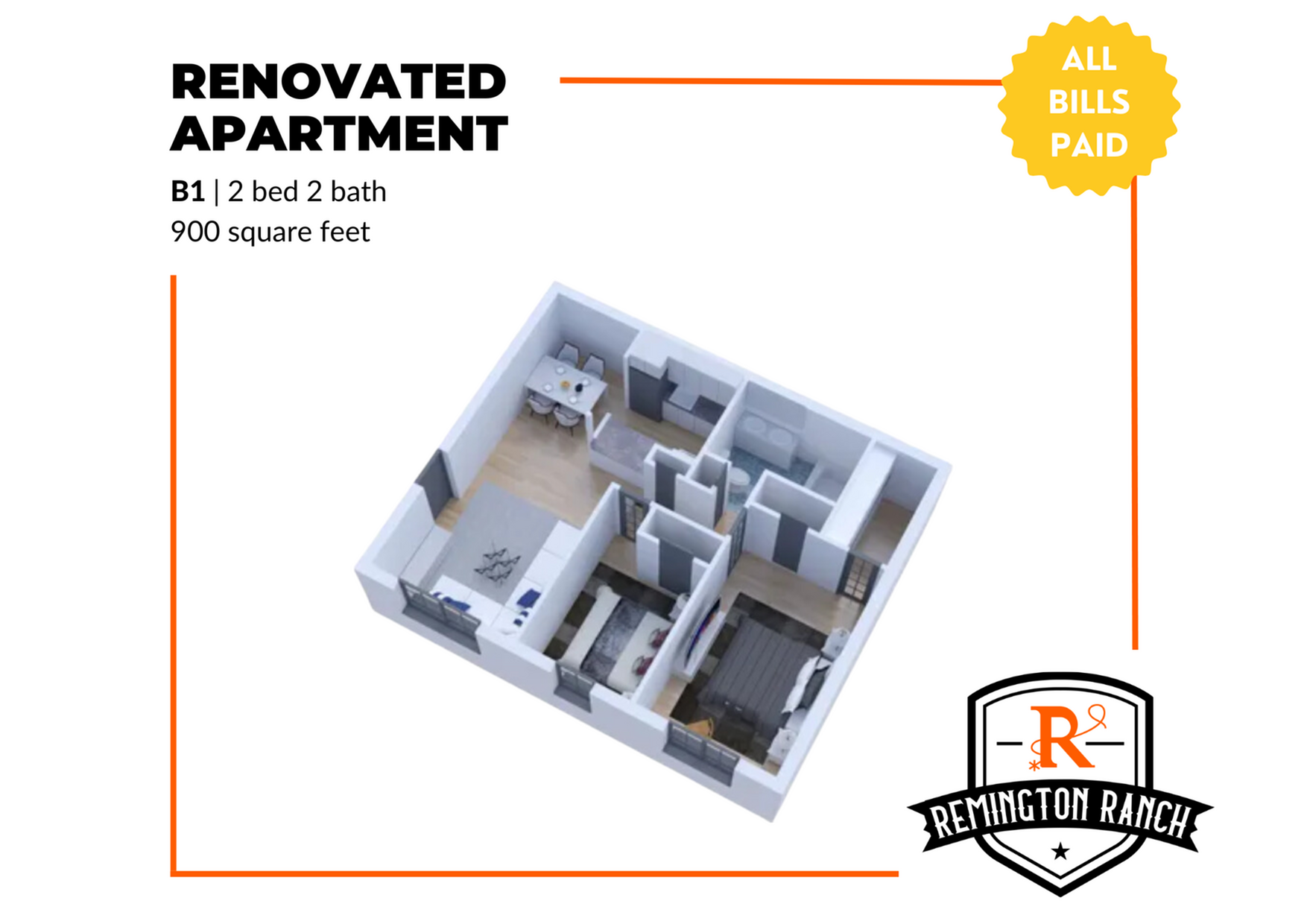 Modern 3D floor plan of a renovated apartment with 2 bedrooms, 2 bathrooms, and an open living-dining area, spanning 900 square feet. All bills included at Remington Ranch.