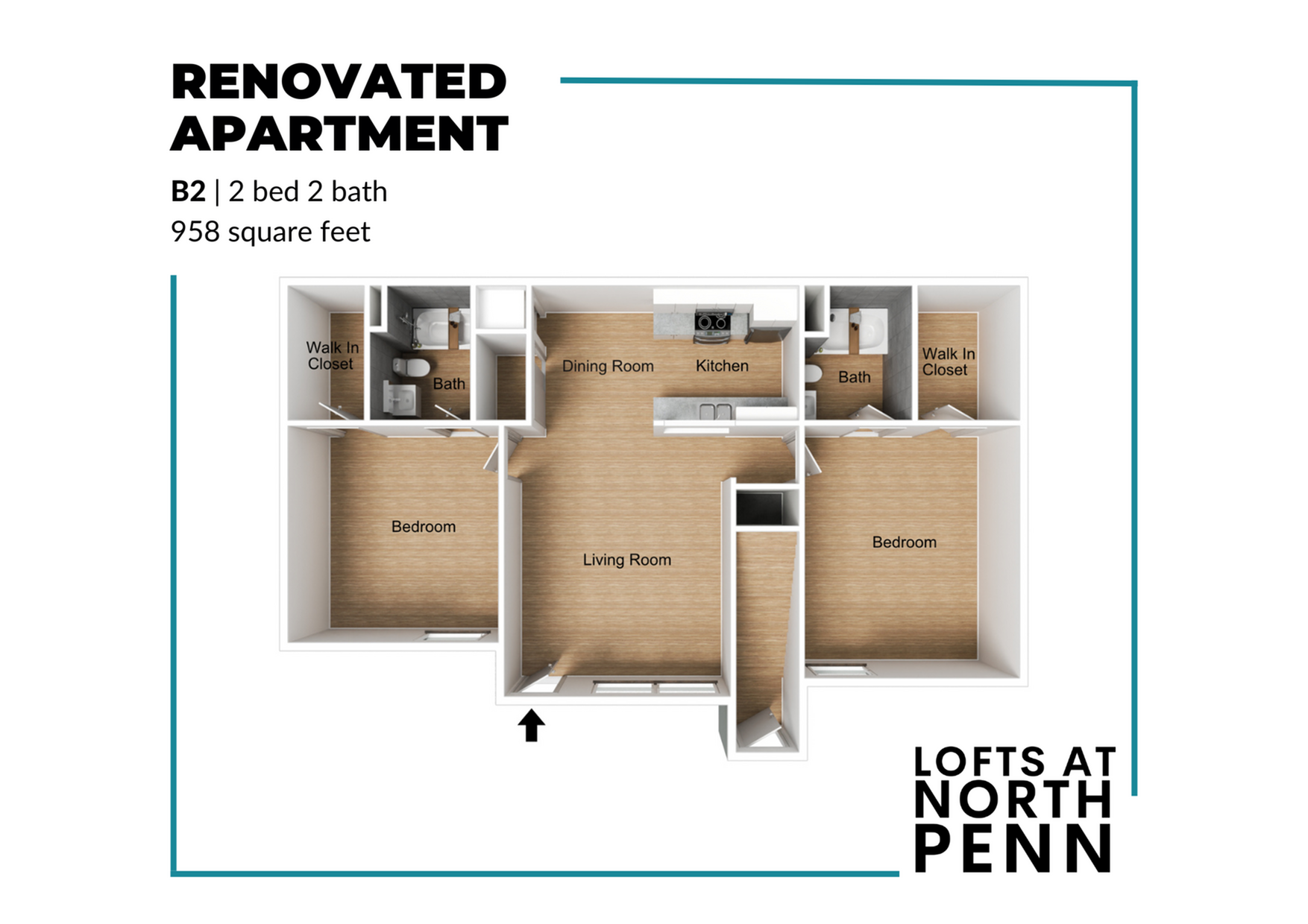 Modern B2 floor plan for a renovated apartment featuring 2 bedrooms, 2 baths, a stylish kitchen, dining room, and spacious living area spanning 958 square feet, at Lofts at North Penn.