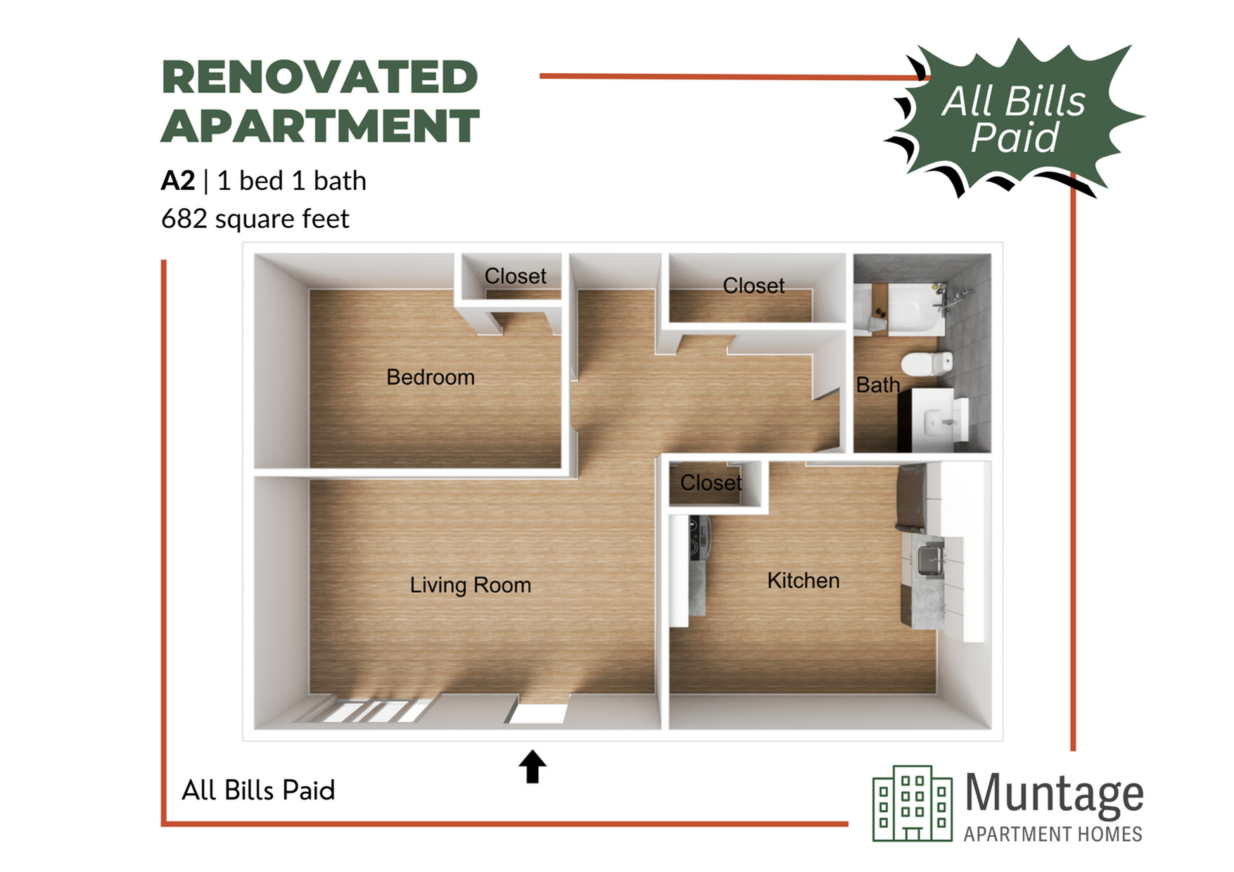 3D floor plan of a renovated apartment with 1 bedroom, 1 bath, and 682 square feet of space.