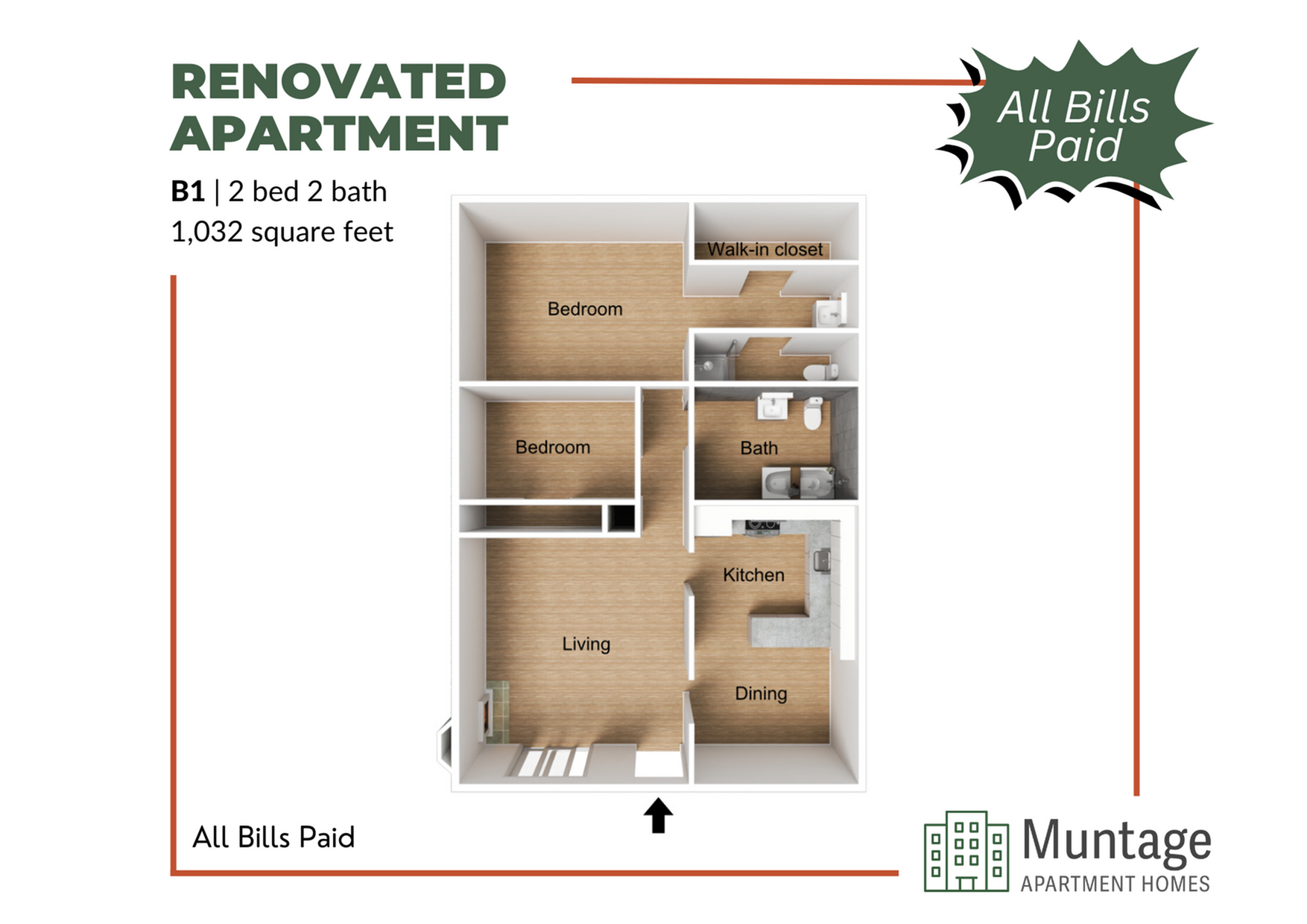 3D floor plan of a renovated apartment featuring 2 bedrooms, 2 bathrooms, a kitchen, living room, dining area, and a walk-in closet, totaling 1,032 square feet.