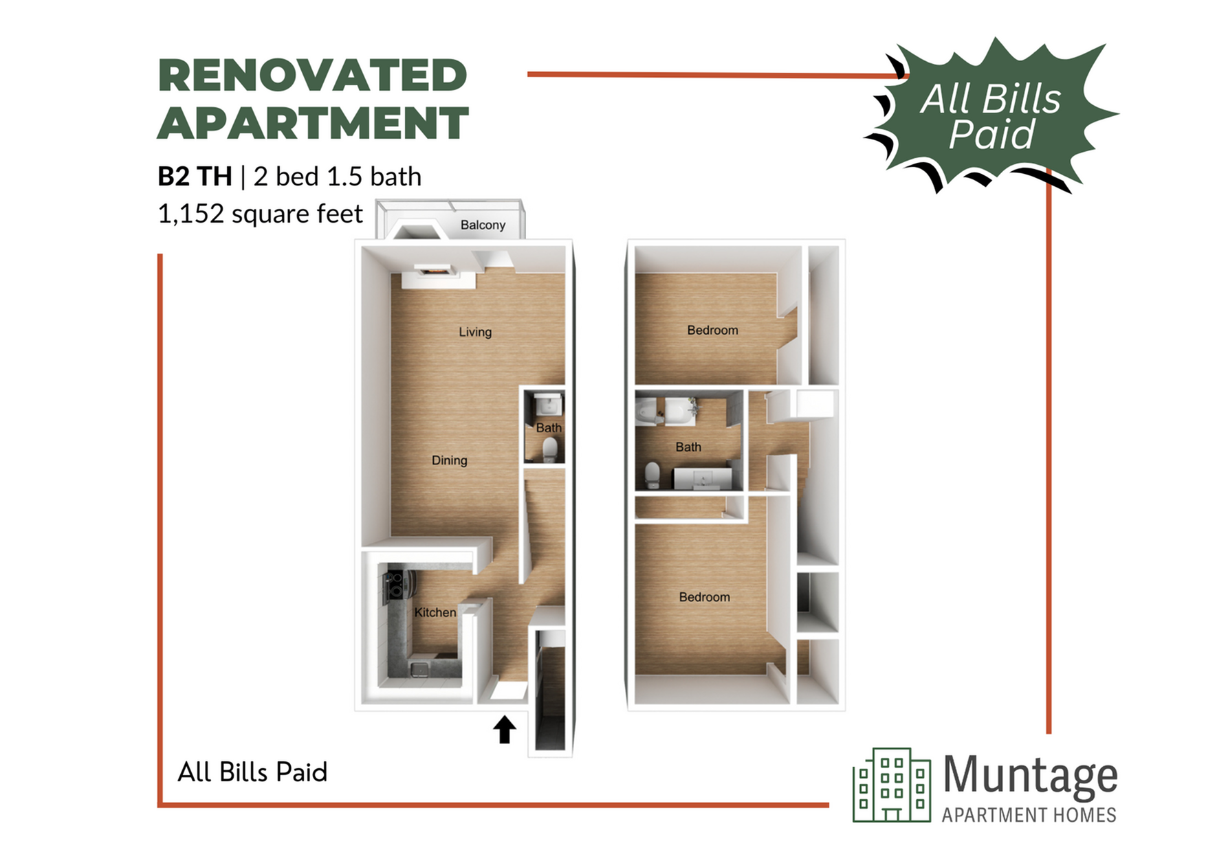 Floor plan of a renovated 2 bed 1.5 bath townhouse with balcony, living, dining, and kitchen areas.