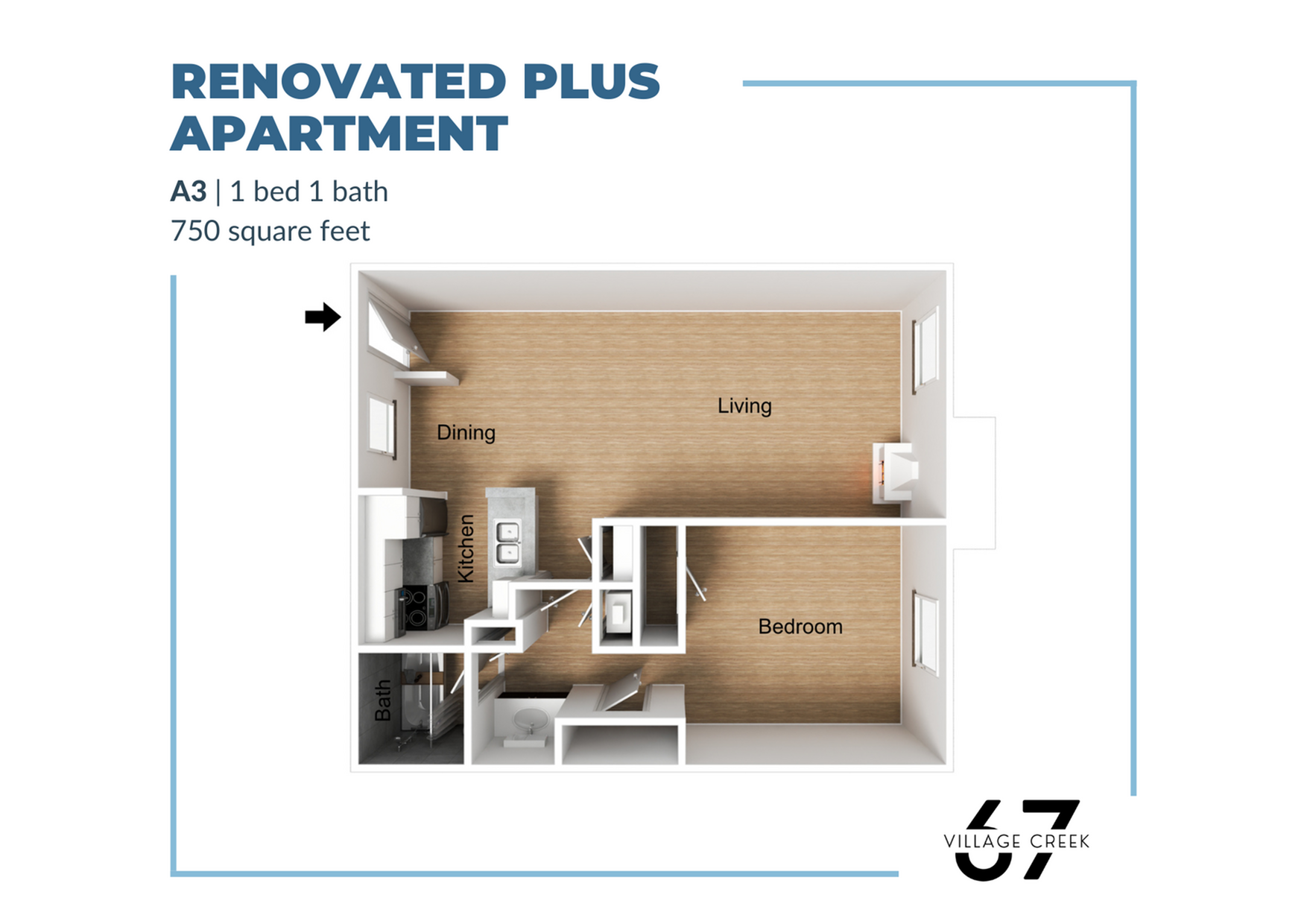 3D floor plan of a renovated plus apartment with 1 bedroom, 1 bath, kitchen, dining, and living area, 750 sq ft.