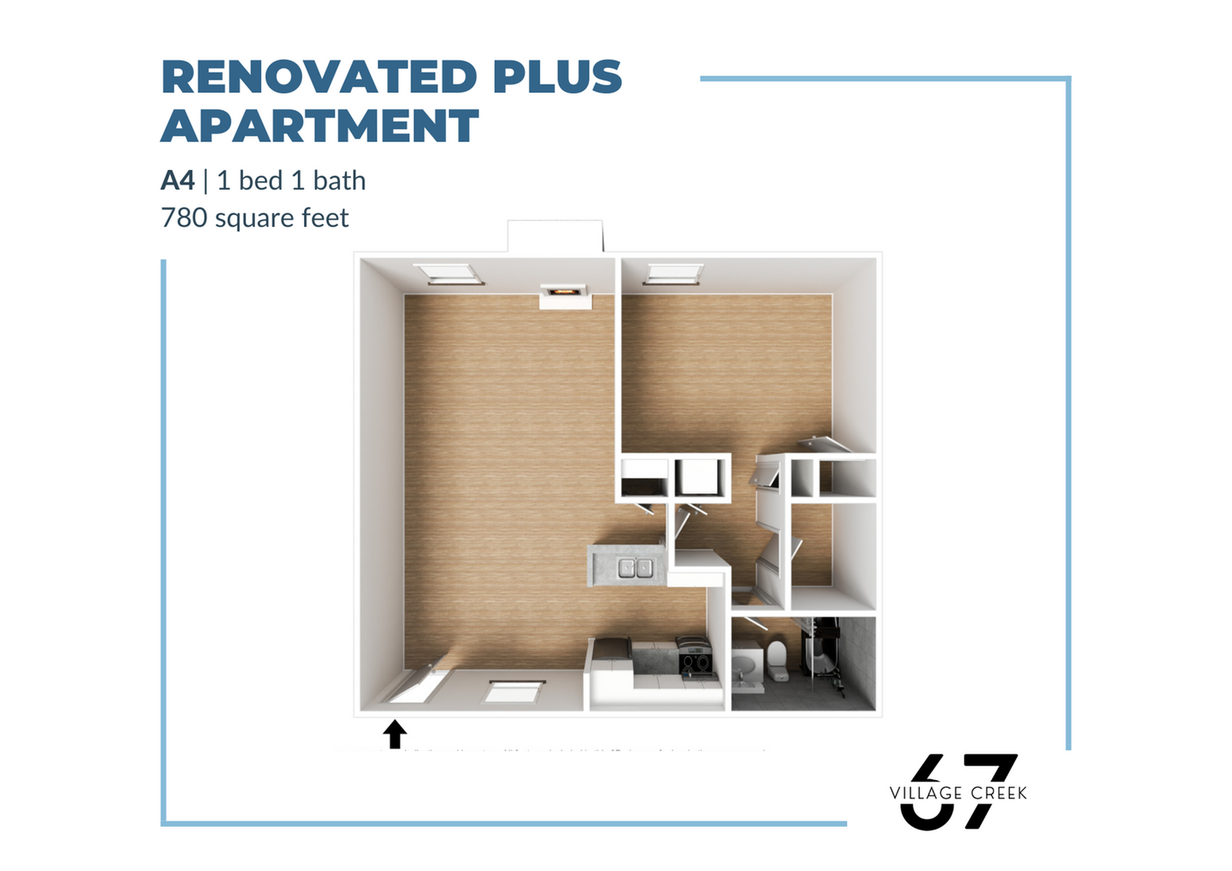 Modern 3D floor plan of a 1 bed, 1 bath apartment with open living, dining, and kitchen area in 780 square feet.