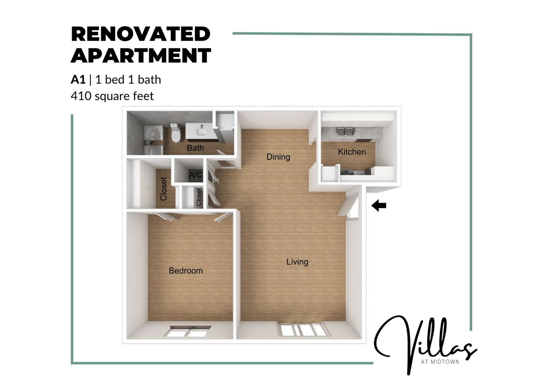 3D floor plan of a renovated 1 bed 1 bath apartment at Villas at Midtown, featuring a dining area, kitchen, and living room within 410 square feet.
