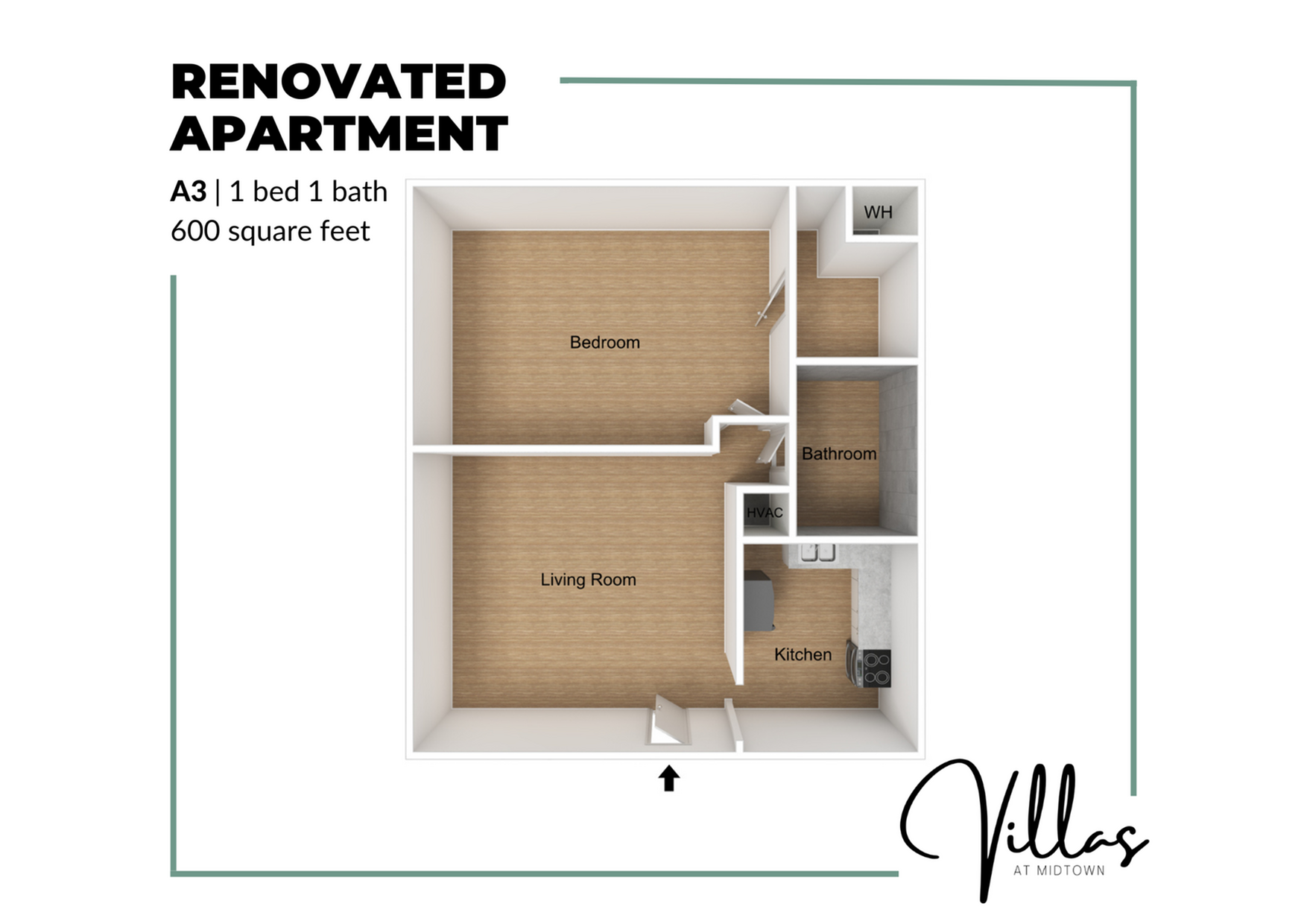 3D floor plan of a renovated 1-bedroom, 1-bathroom apartment with a spacious living room and kitchen, covering 600 square feet.