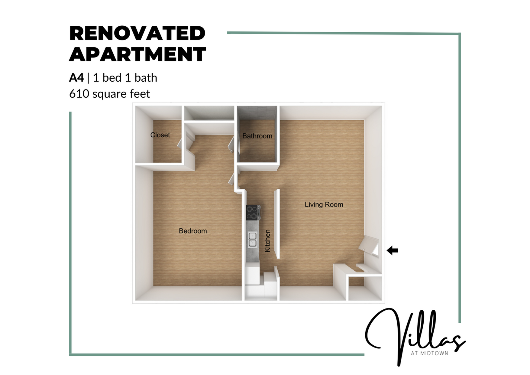 Contemporary 3D floor plan of a 1 bedroom, 1 bathroom renovated apartment, featuring a spacious living room and efficient kitchen.