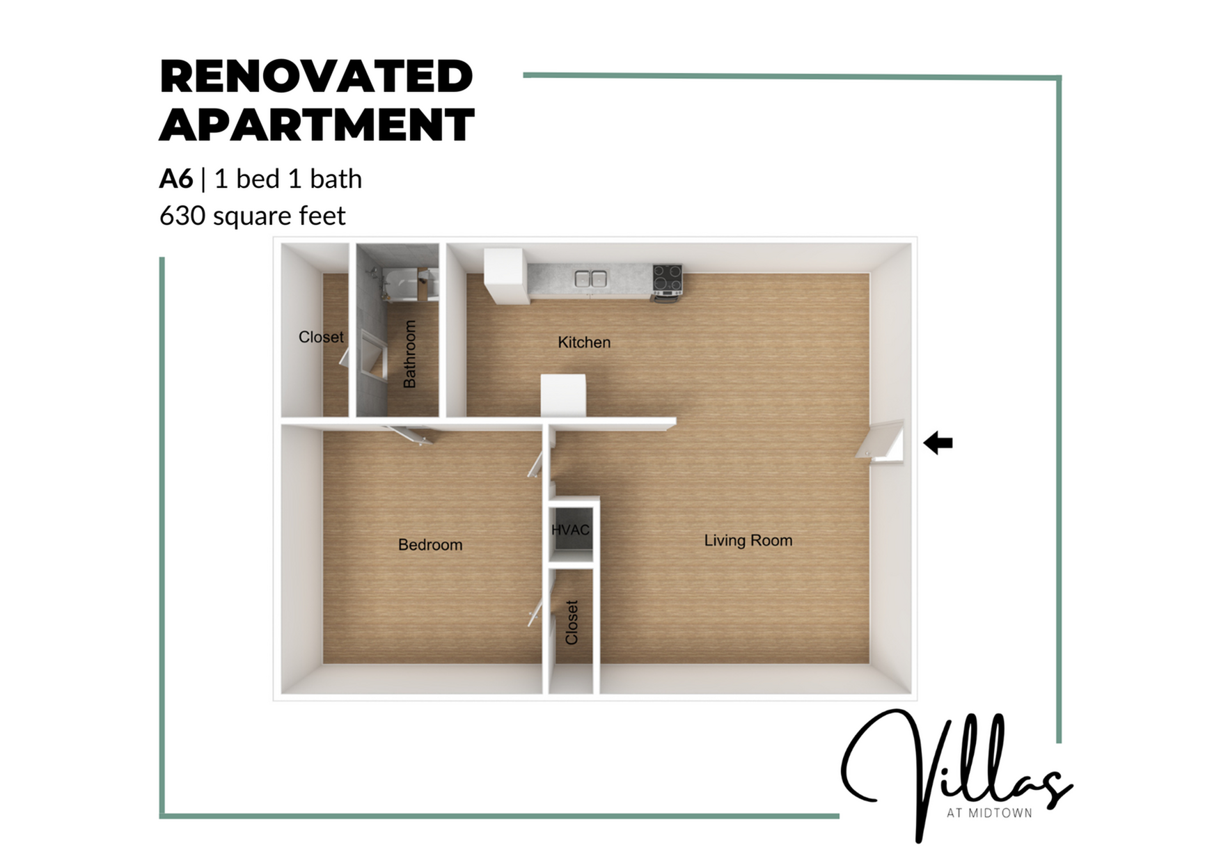 Floor plan of a renovated A6 apartment with 1 bedroom, 1 bath, 630 sq. ft., featuring a kitchen and living room.