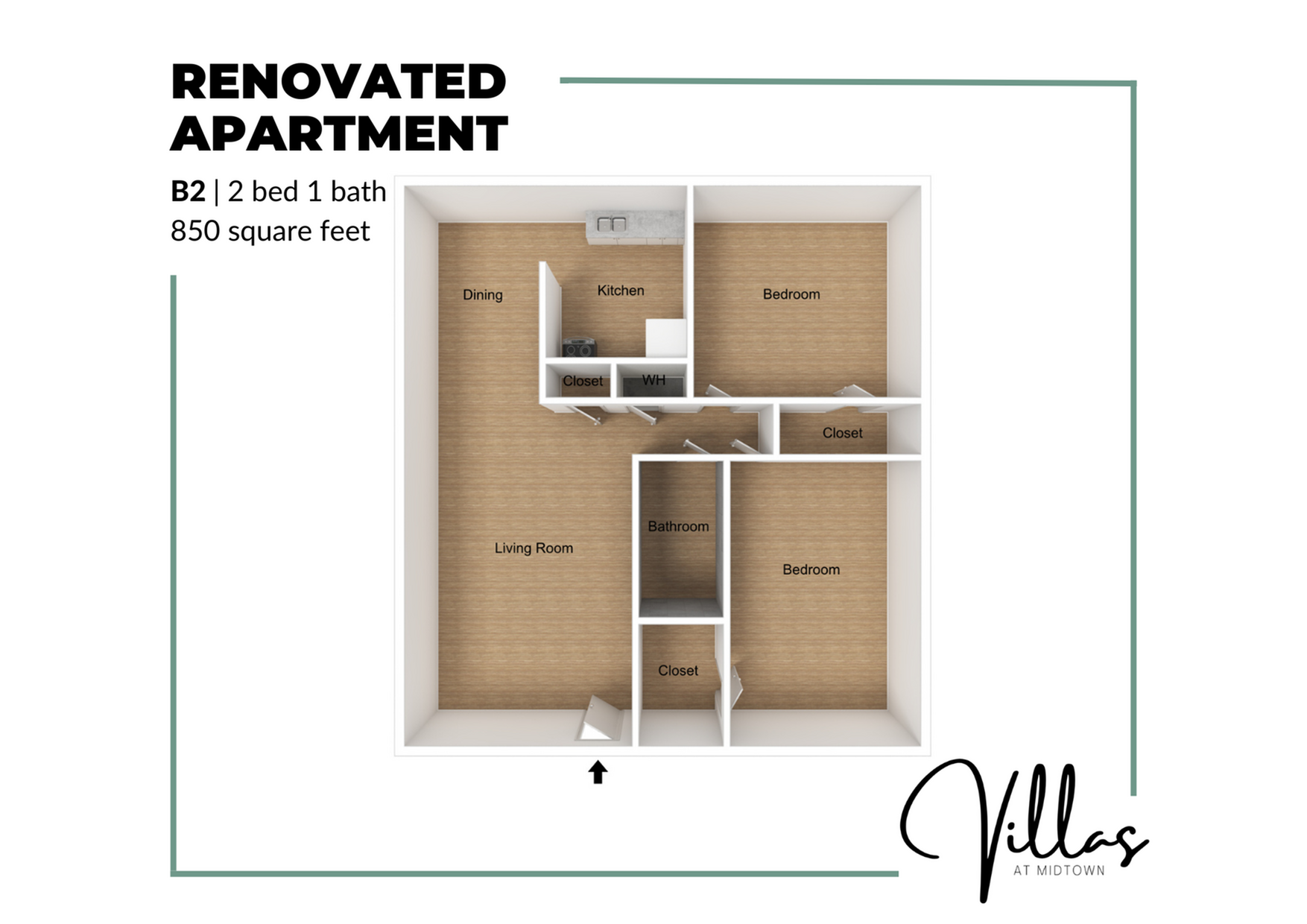 3D floor plan of a renovated apartment with 2 bedrooms, 1 bathroom, kitchen, dining area, and living room, totaling 850 square feet.