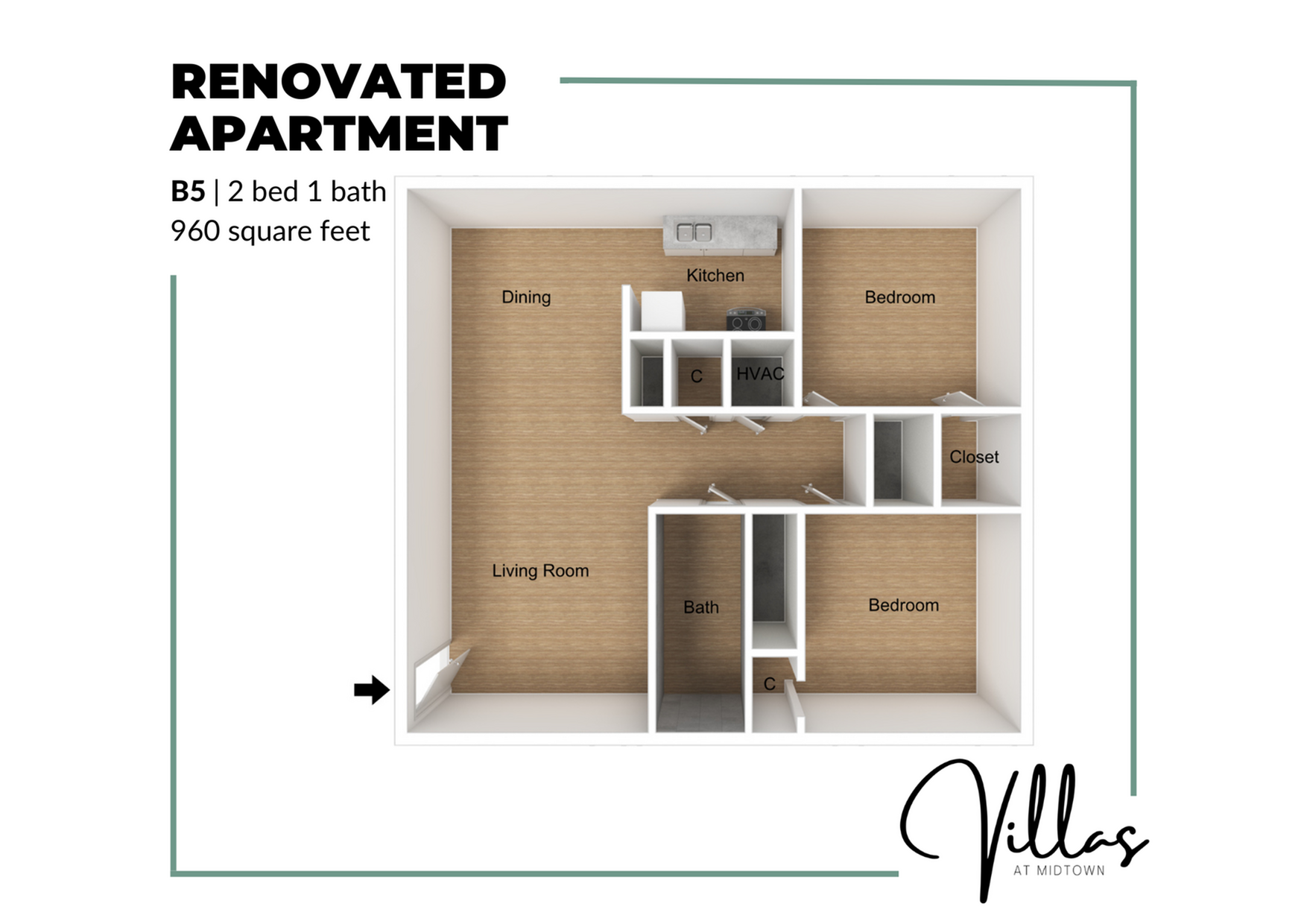 Innovative floor plan of a 960 square foot renovated apartment with 2 bedrooms, a bath, and open living-dining areas.