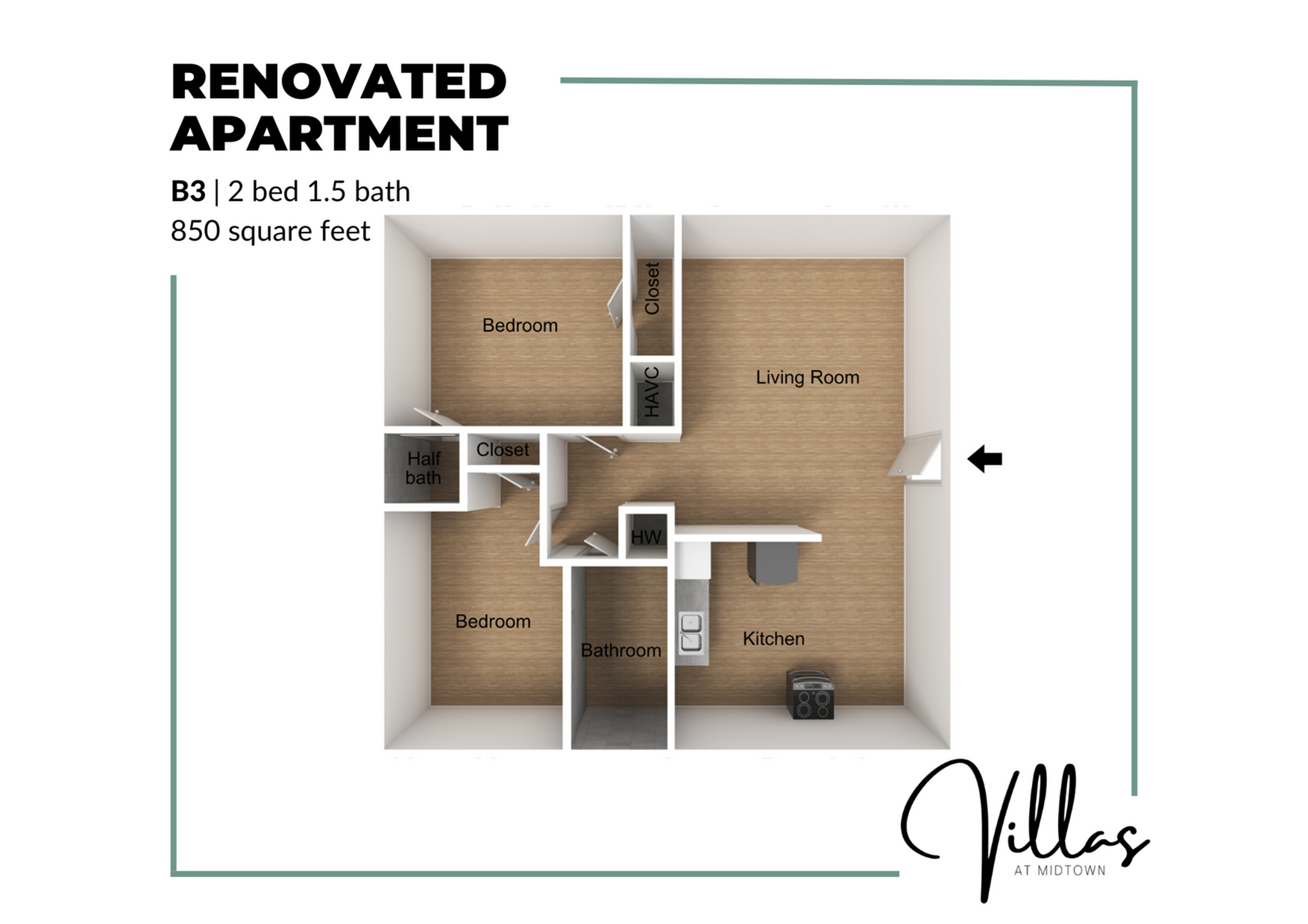 Modern 2D floor plan of a renovated apartment featuring 2 bedrooms, 1.5 baths, spacious living room, and functional kitchen within 850 square feet.