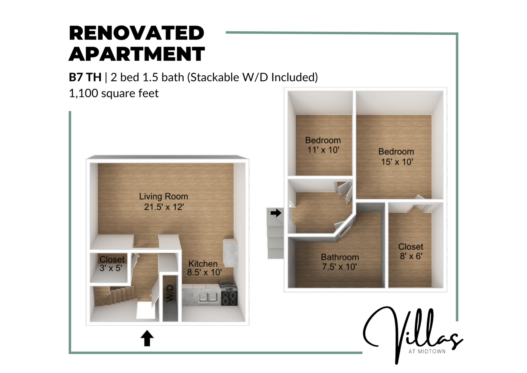 Modern renovated apartment floor plan featuring 2 bedrooms and 1.5 baths with stackable washer/dryer, spacious living room, and cozy kitchen. Total area is 1,100 square feet at Villas at Midtown.