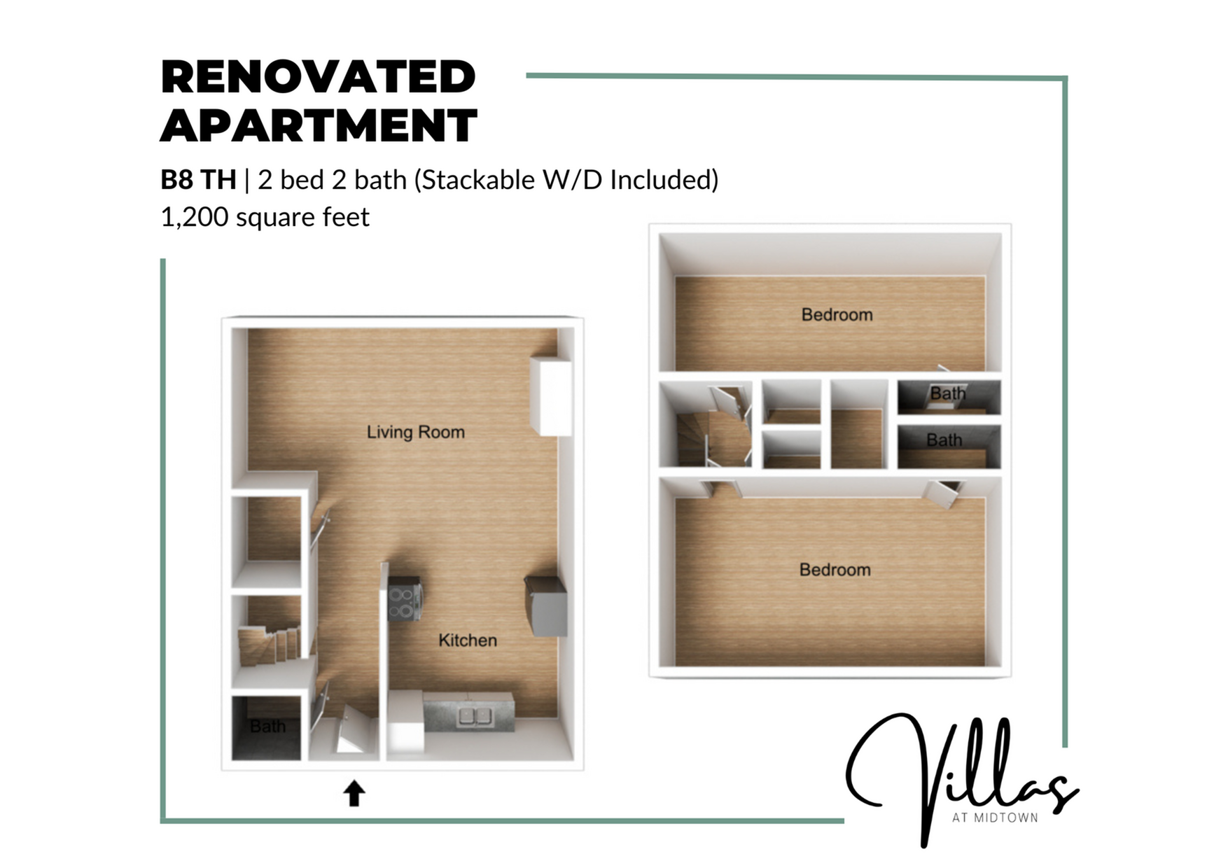 Renovated apartment floor plan with 2 bedrooms, 2 bathrooms, and an open living area with kitchen in Villas at Midtown, featuring stackable washer and dryer, 1200 square feet.